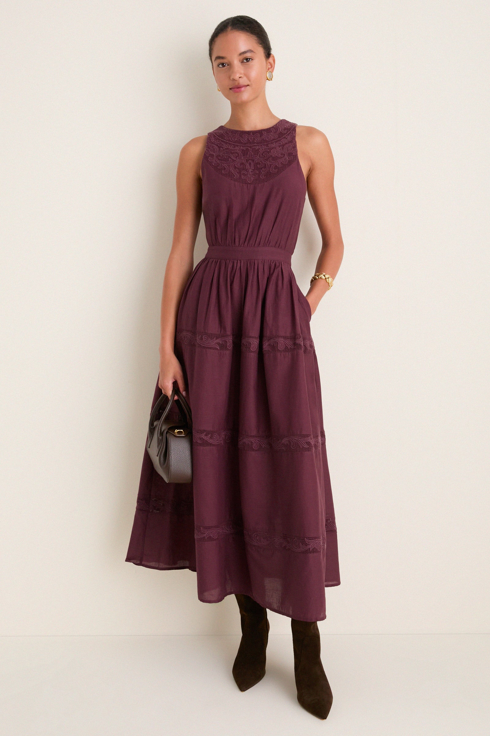 Wine Embroidered Anthea Dress