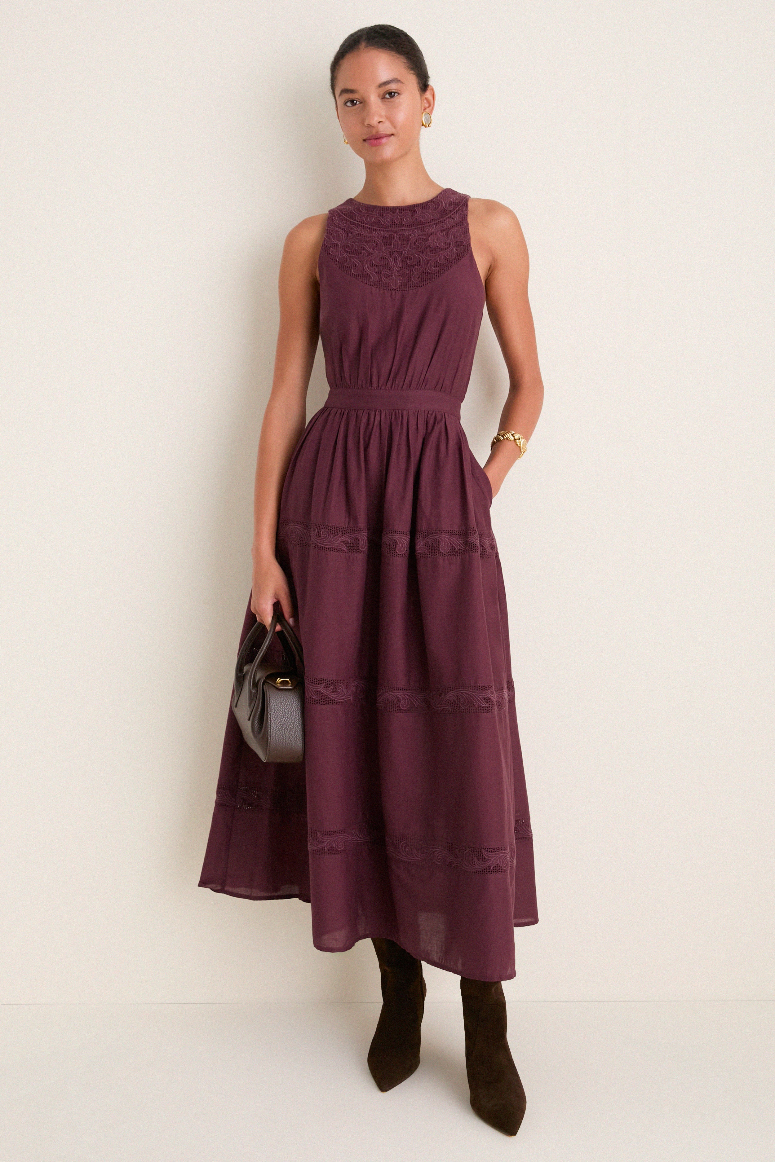 Wine Embroidered Anthea Dress