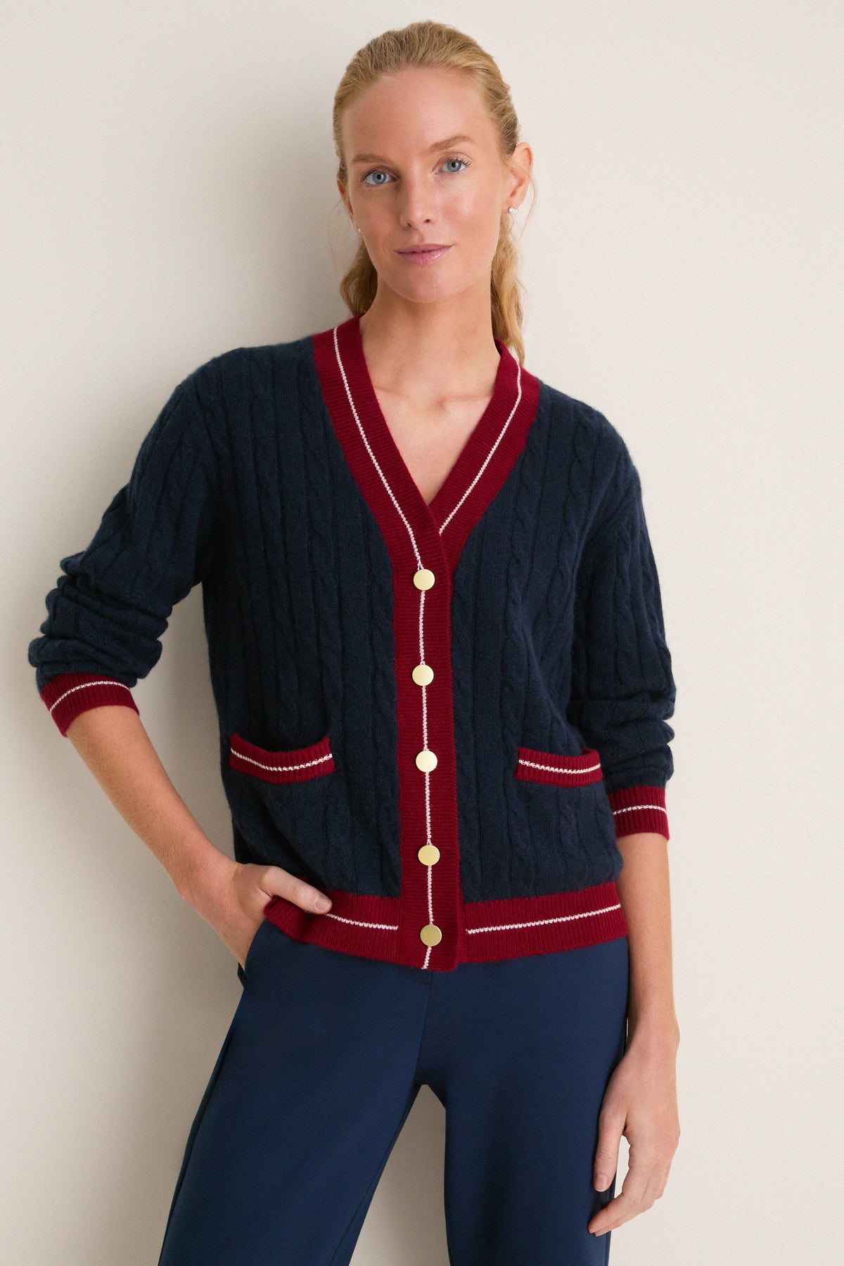 Navy and Red Washable Cashmere Charley Cardigan