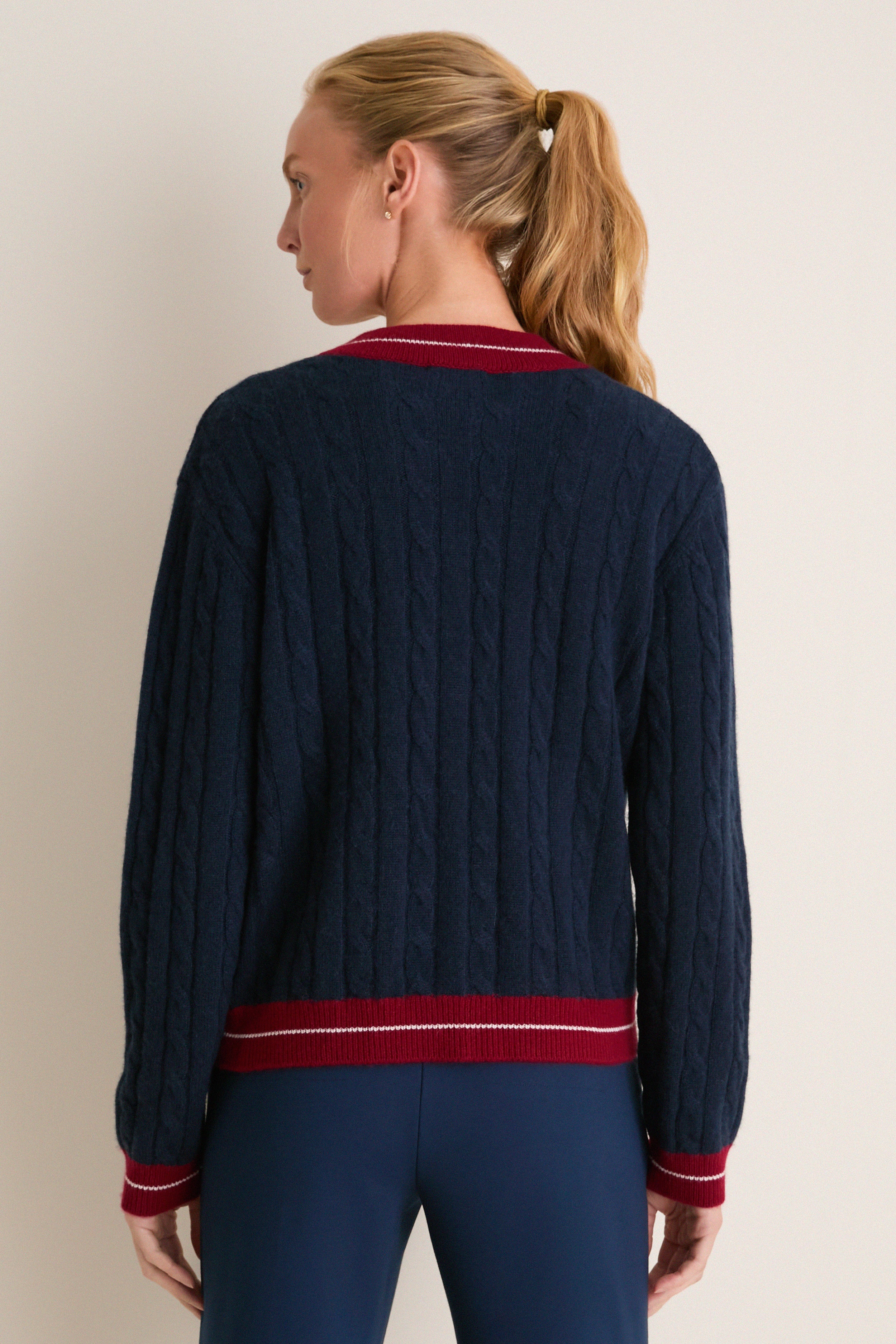 Navy and Red Washable Cashmere Charley Cardigan