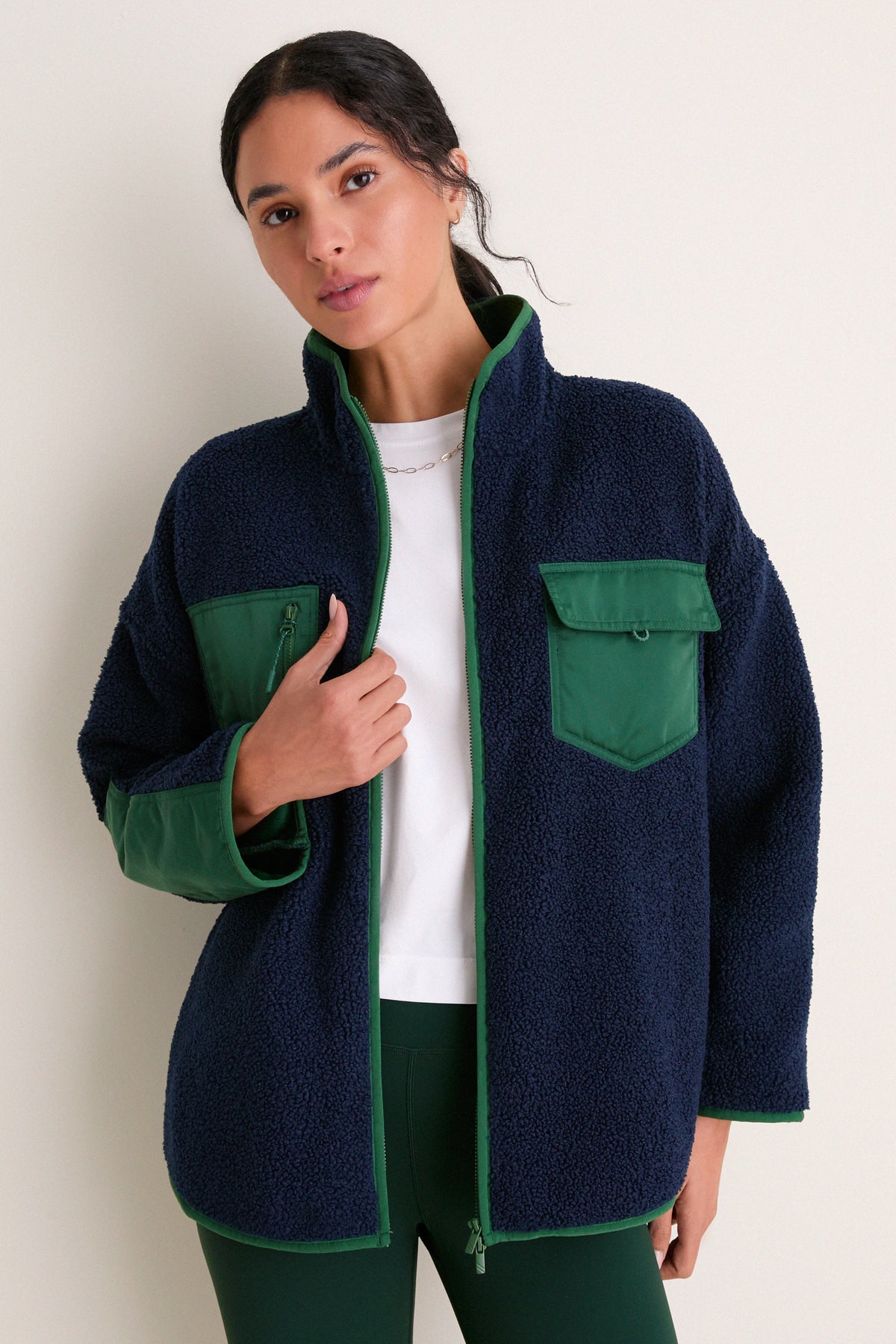 Navy and Green Fleece Lawrence Full Length Zip Up