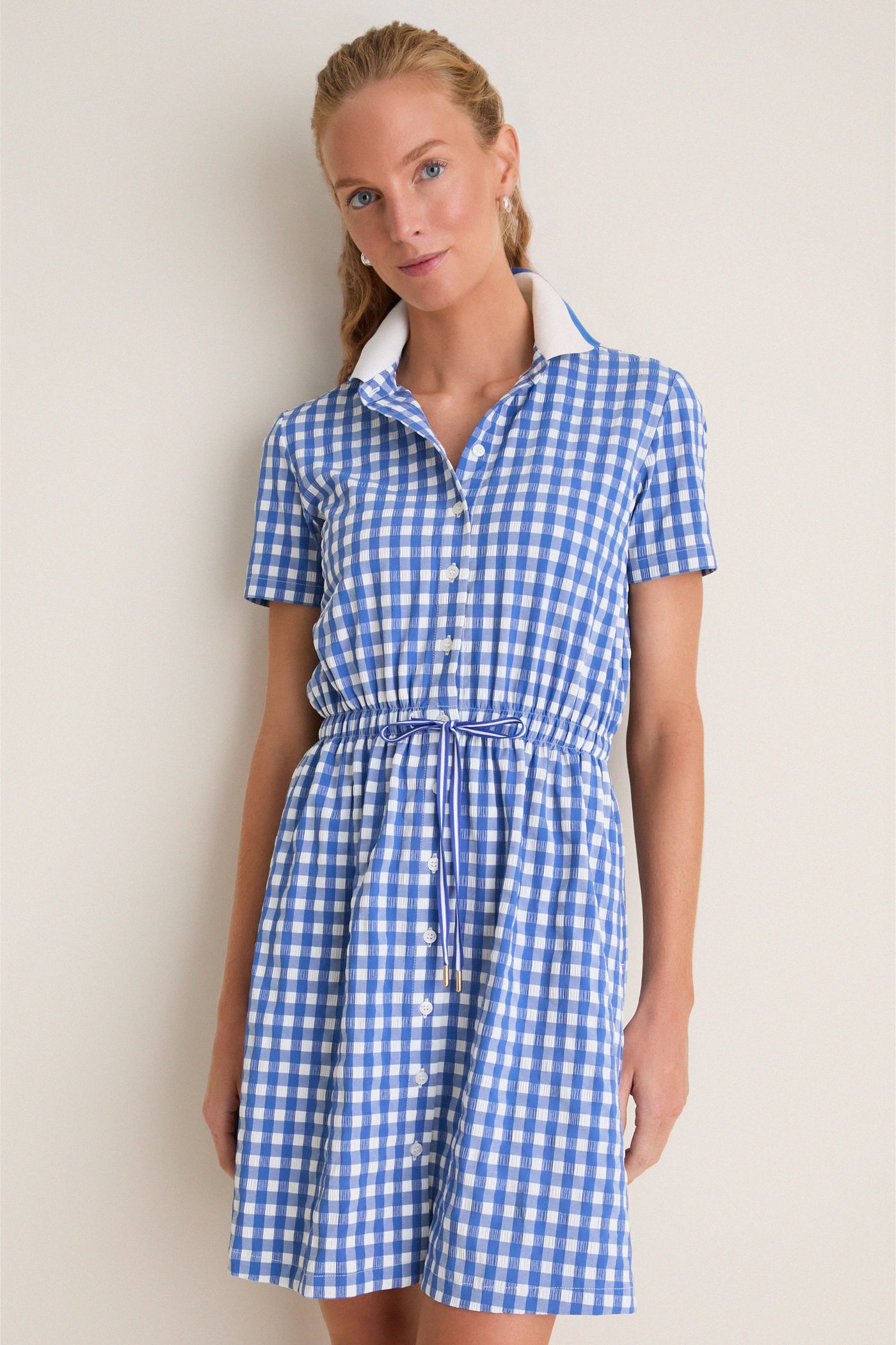Cobalt Blue Gingham Short Sleeve Performance Seersucker Alcott Golf Dress