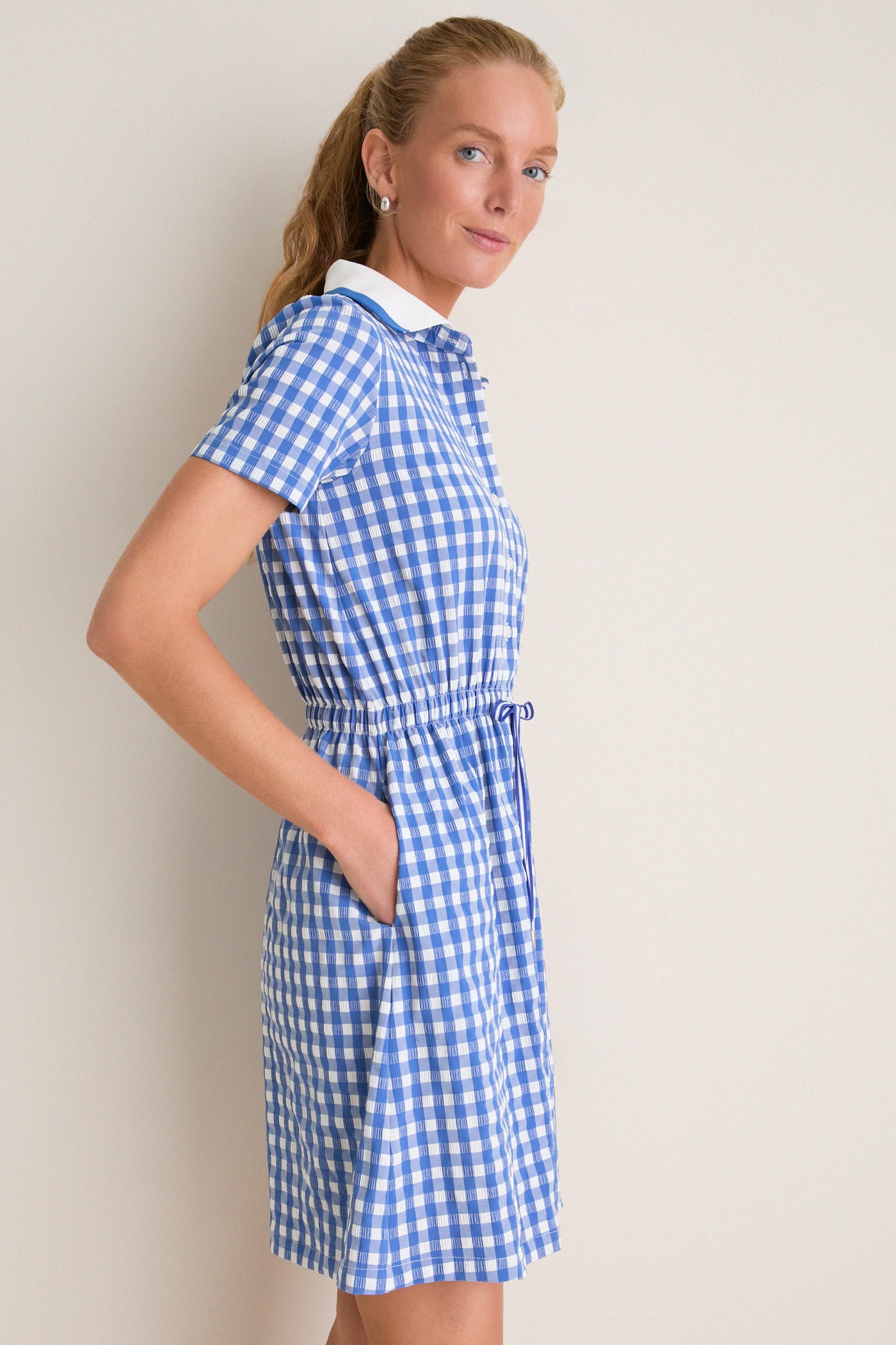 Cobalt Blue Gingham Short Sleeve Performance Seersucker Alcott Golf Dress