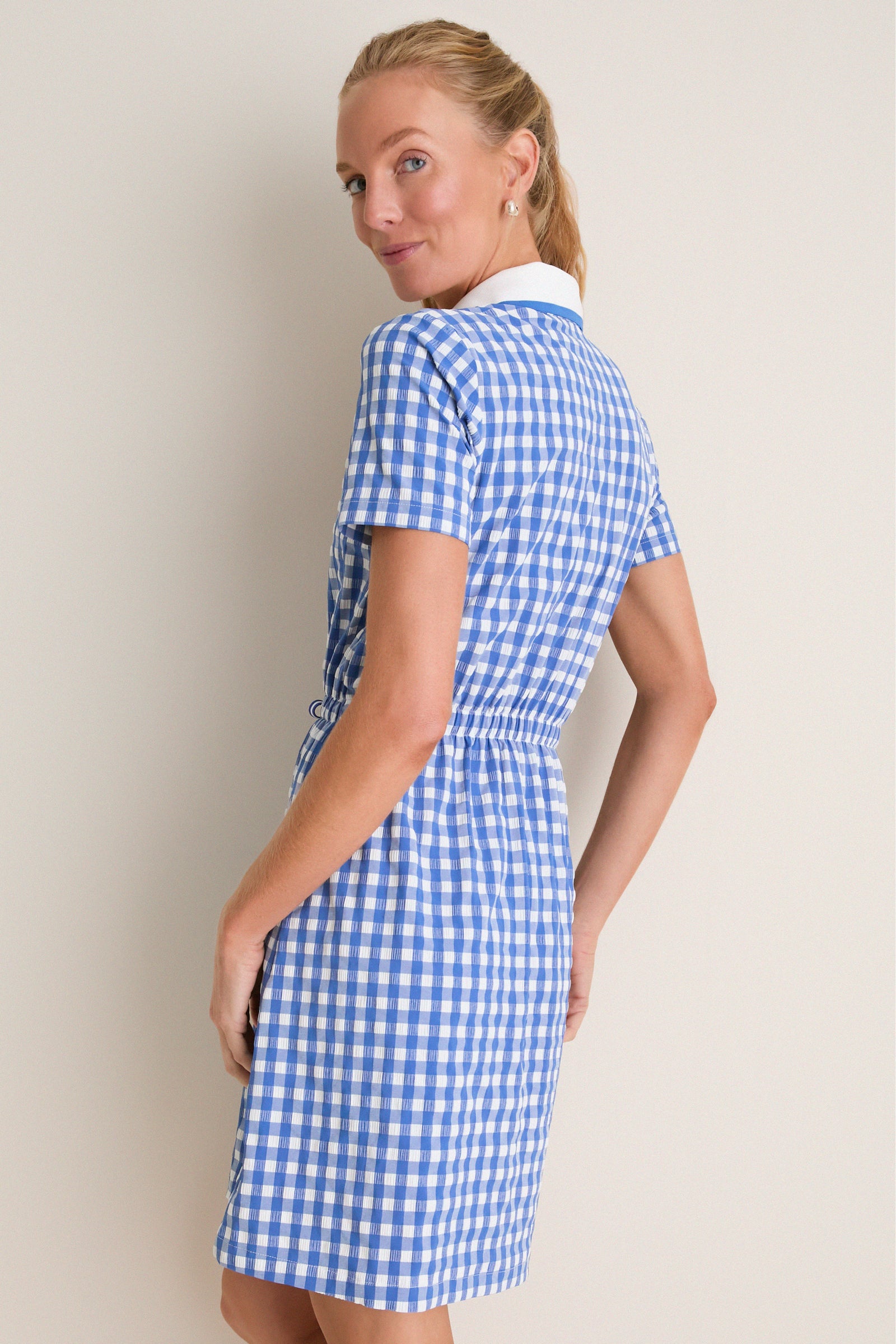 Cobalt Blue Gingham Short Sleeve Performance Seersucker Alcott Golf Dress