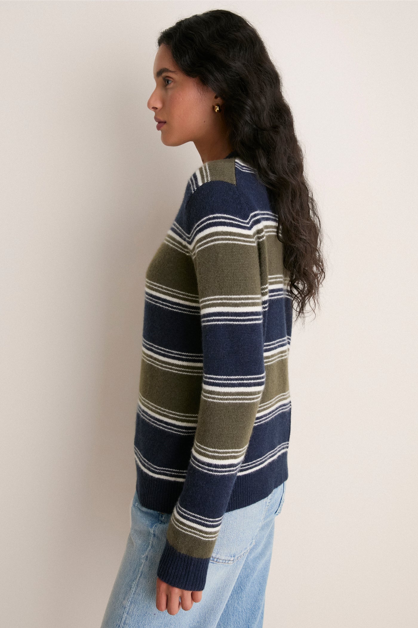 Olive and Navy Stripe Cashmere Boyfriend Bodie Crewneck