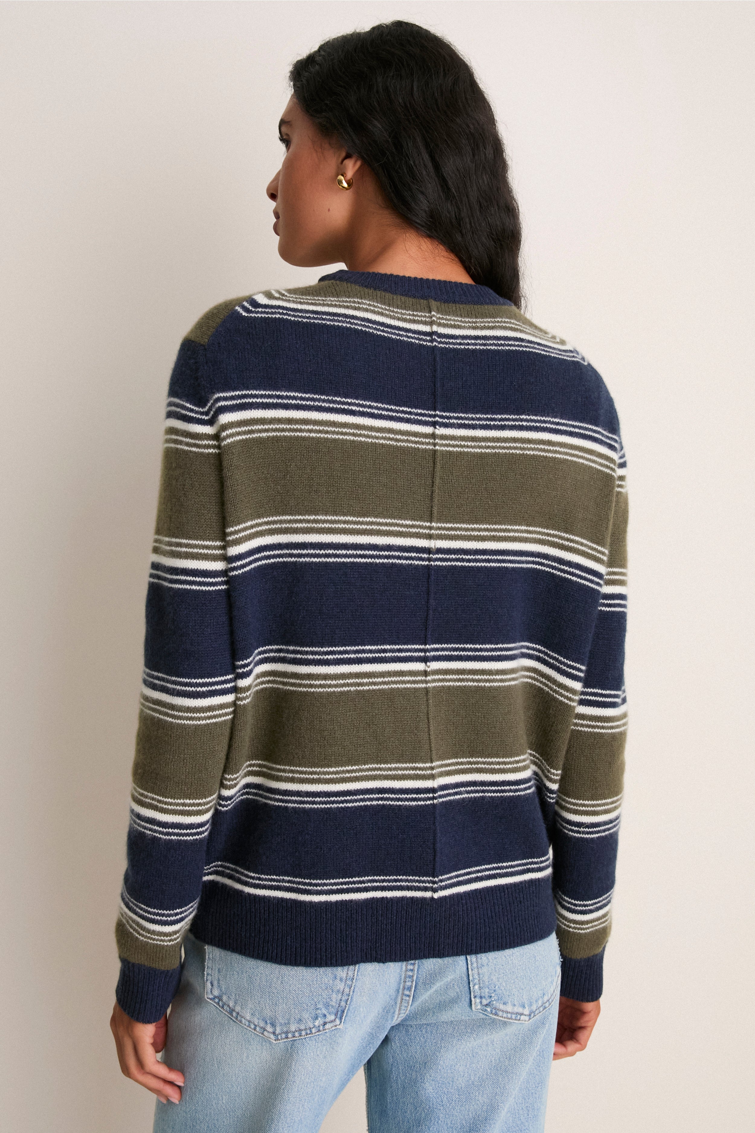 Olive and Navy Stripe Cashmere Boyfriend Bodie Crewneck