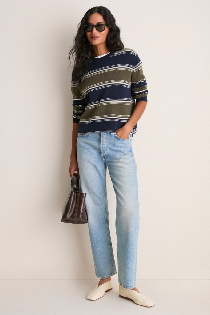 Olive and Navy Stripe Cashmere Boyfriend Bodie Crewneck