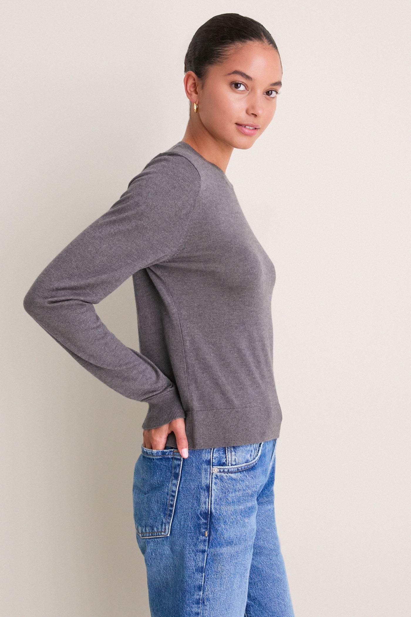 Charcoal Cashmere Silk Long Sleeve Katie Tee