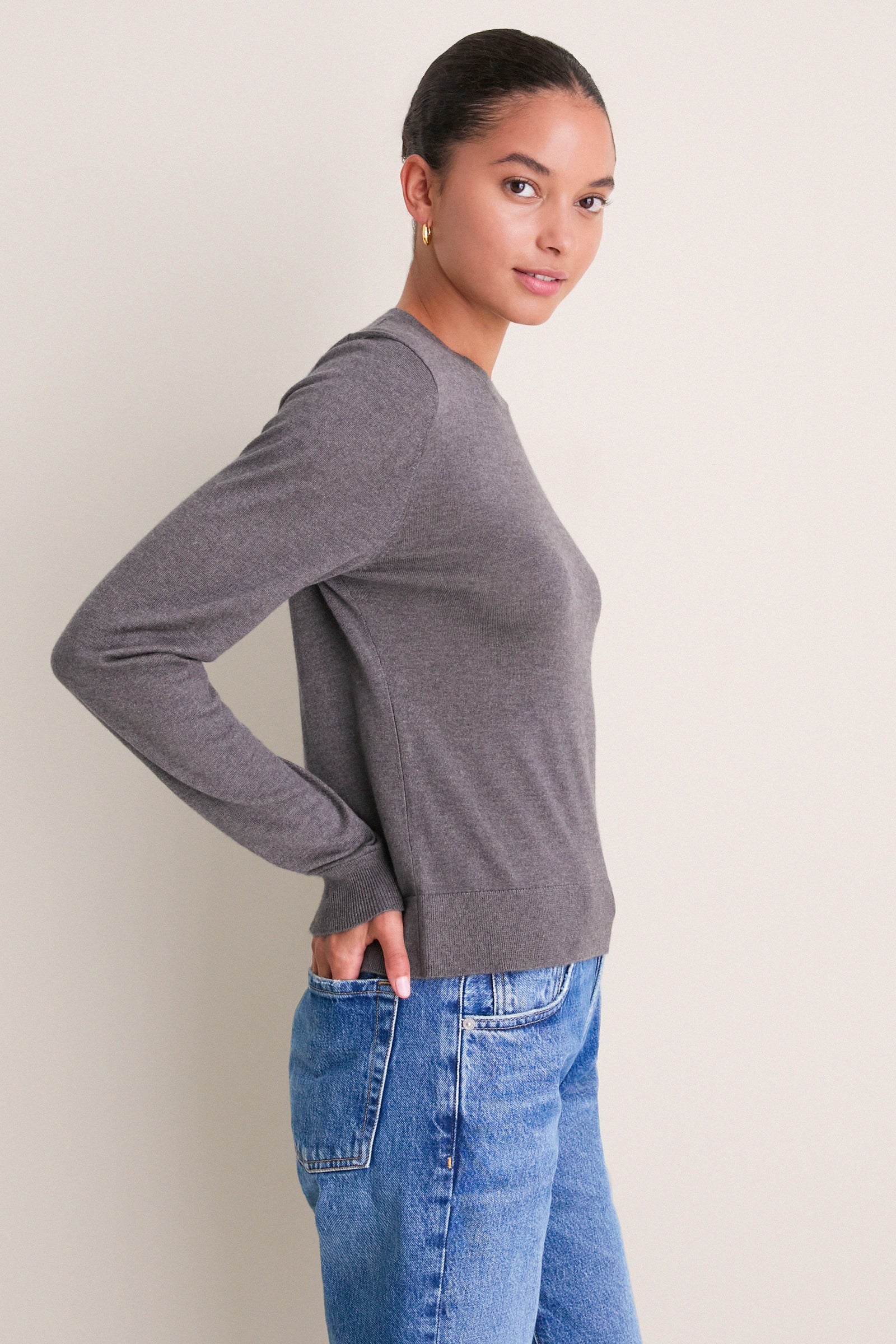 Charcoal Cashmere Silk Long Sleeve Katie Tee