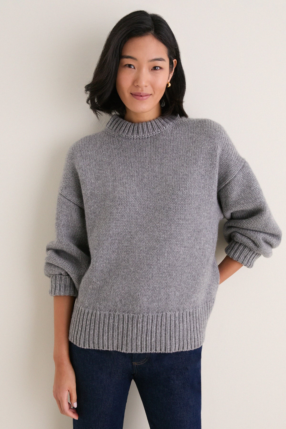 Gray Genevieve Cashmere Wool Blend Crewneck Sweater