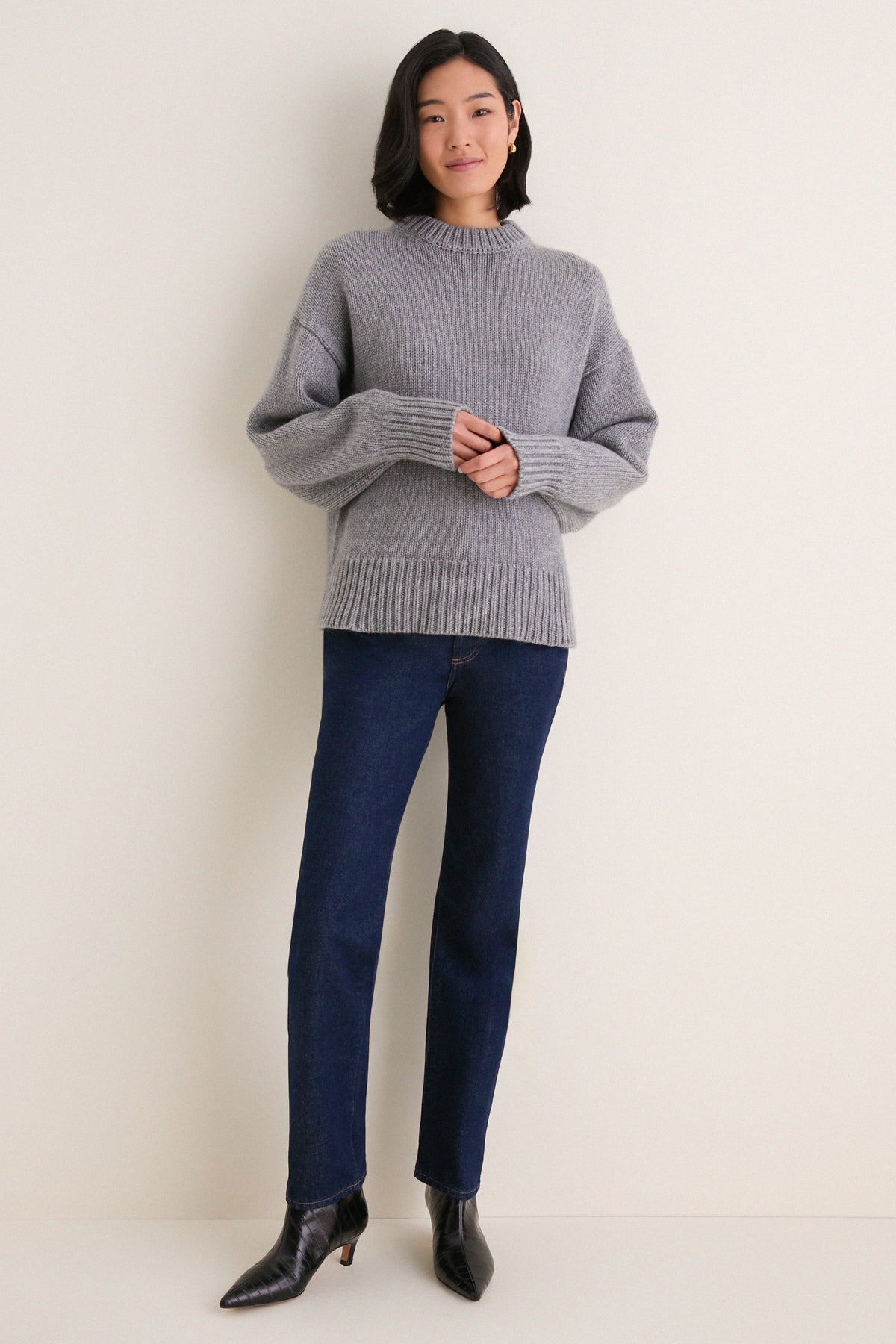Gray Genevieve Cashmere Wool Blend Crewneck Sweater