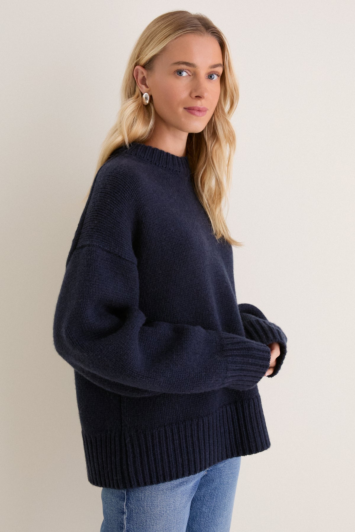Midnight Navy Genevieve Cashmere Wool Blend Crewneck Sweater