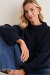 Midnight Navy Genevieve Cashmere Wool Blend Crewneck Sweater