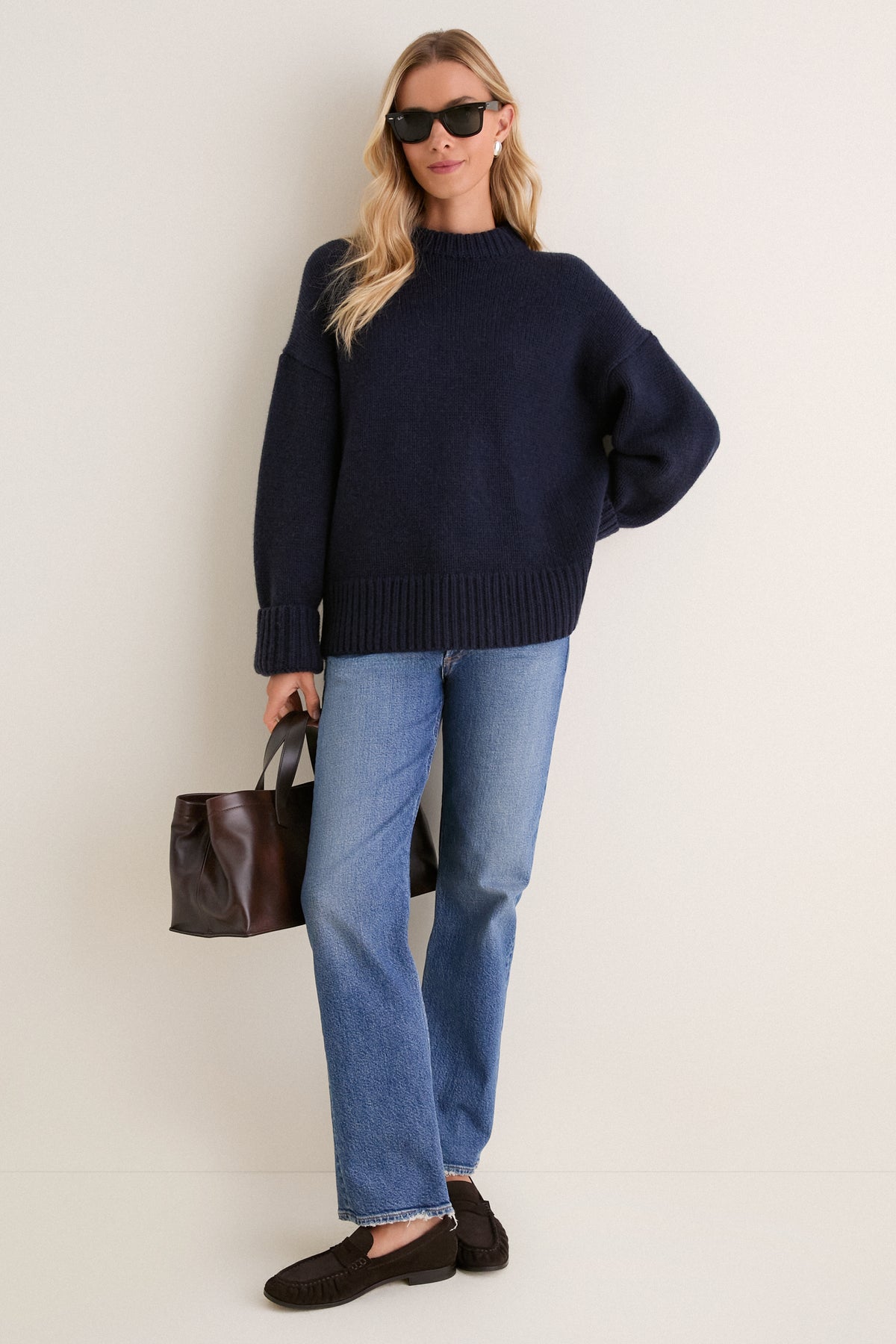 Midnight Navy Genevieve Cashmere Wool Blend Crewneck Sweater