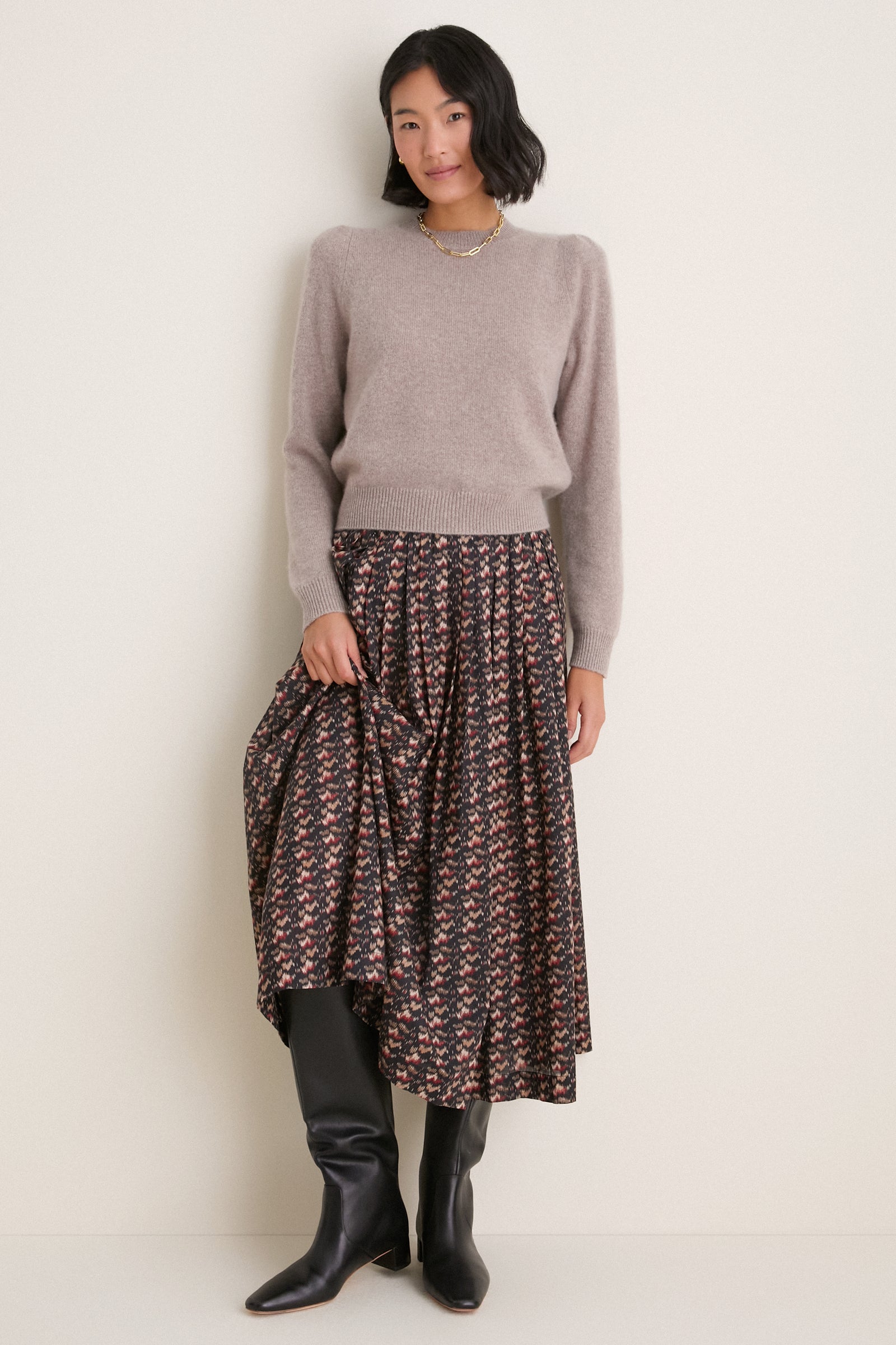 Wheat Cashmere Puff Sleeve Macy Crewneck Sweater