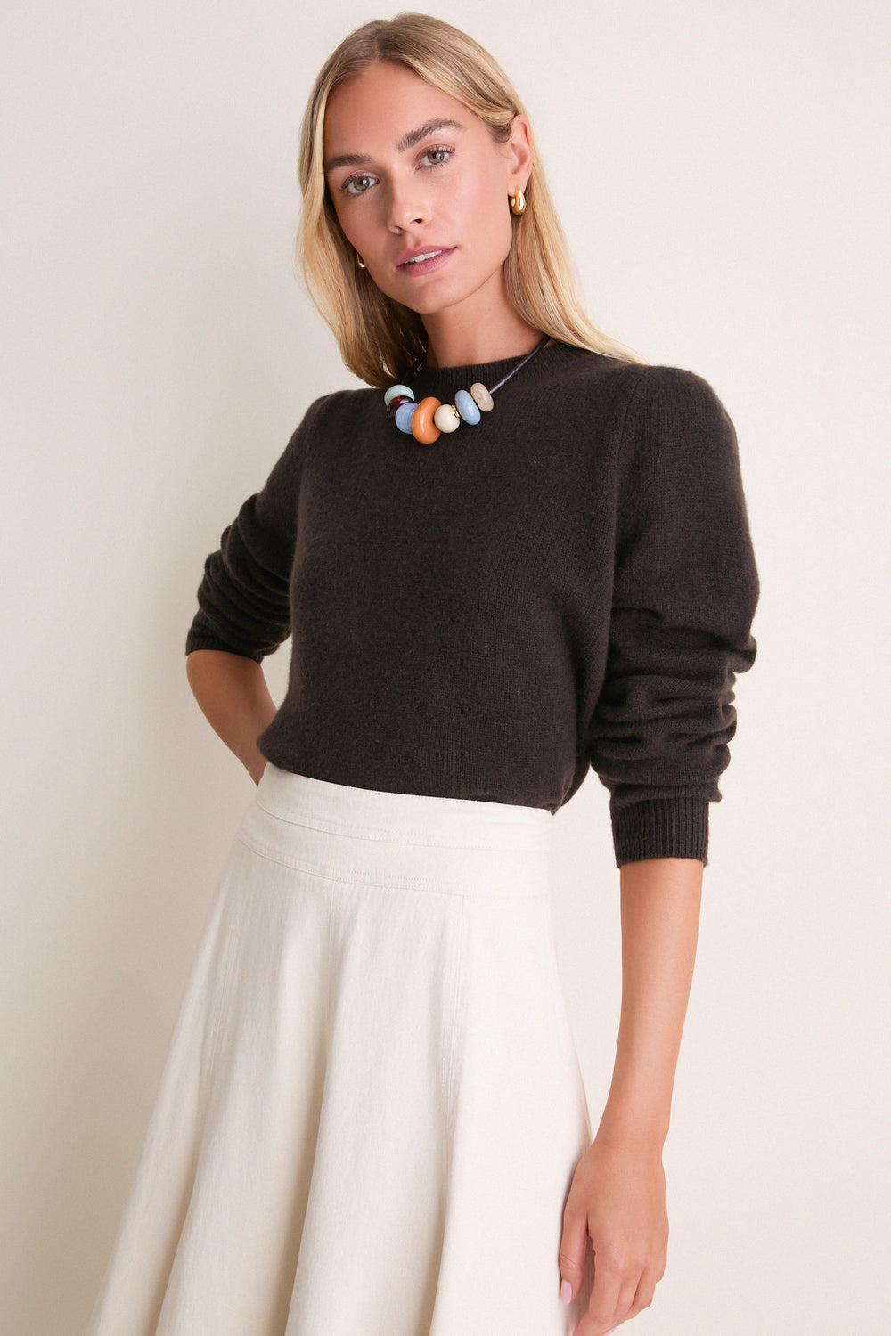 Espresso Cashmere Puff Sleeve Macy Crewneck Sweater