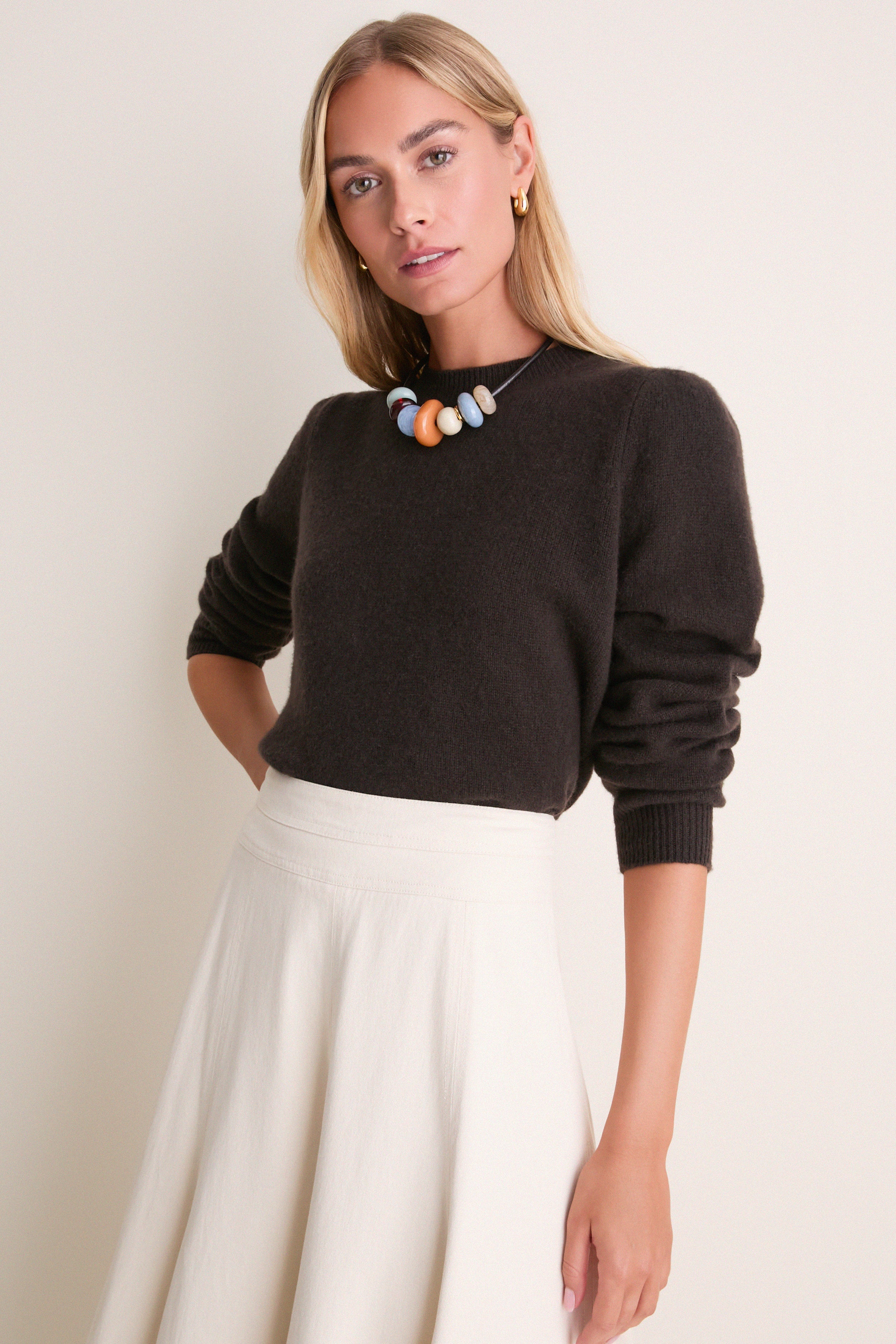 Espresso Cashmere Puff Sleeve Macy Crewneck Sweater