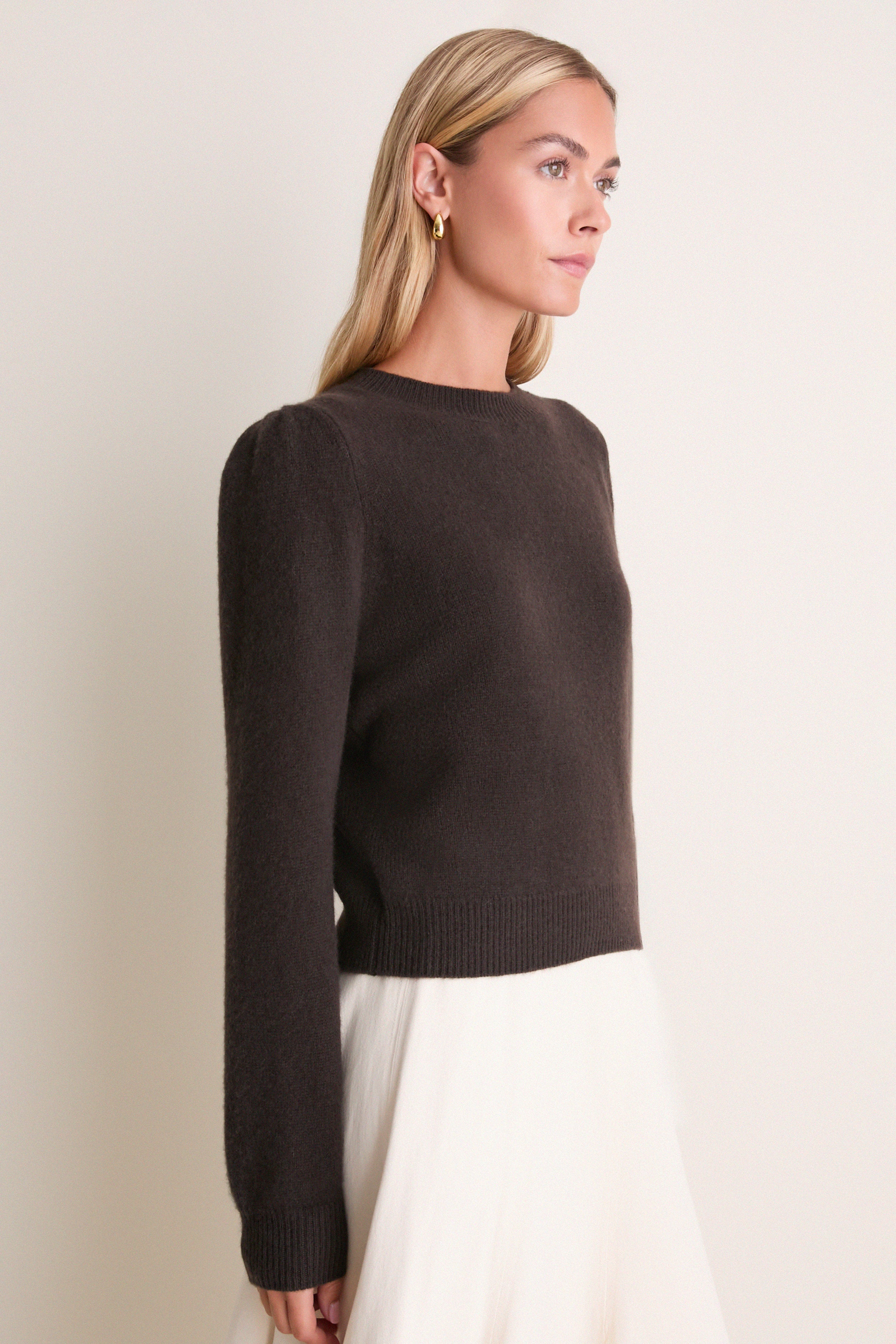 Espresso Cashmere Puff Sleeve Macy Crewneck Sweater