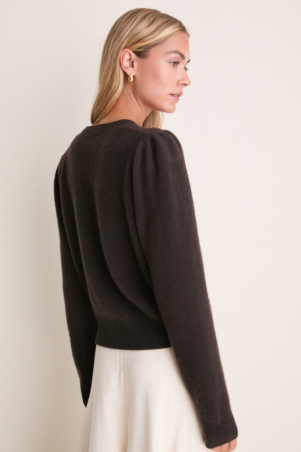 Espresso Cashmere Puff Sleeve Macy Crewneck Sweater