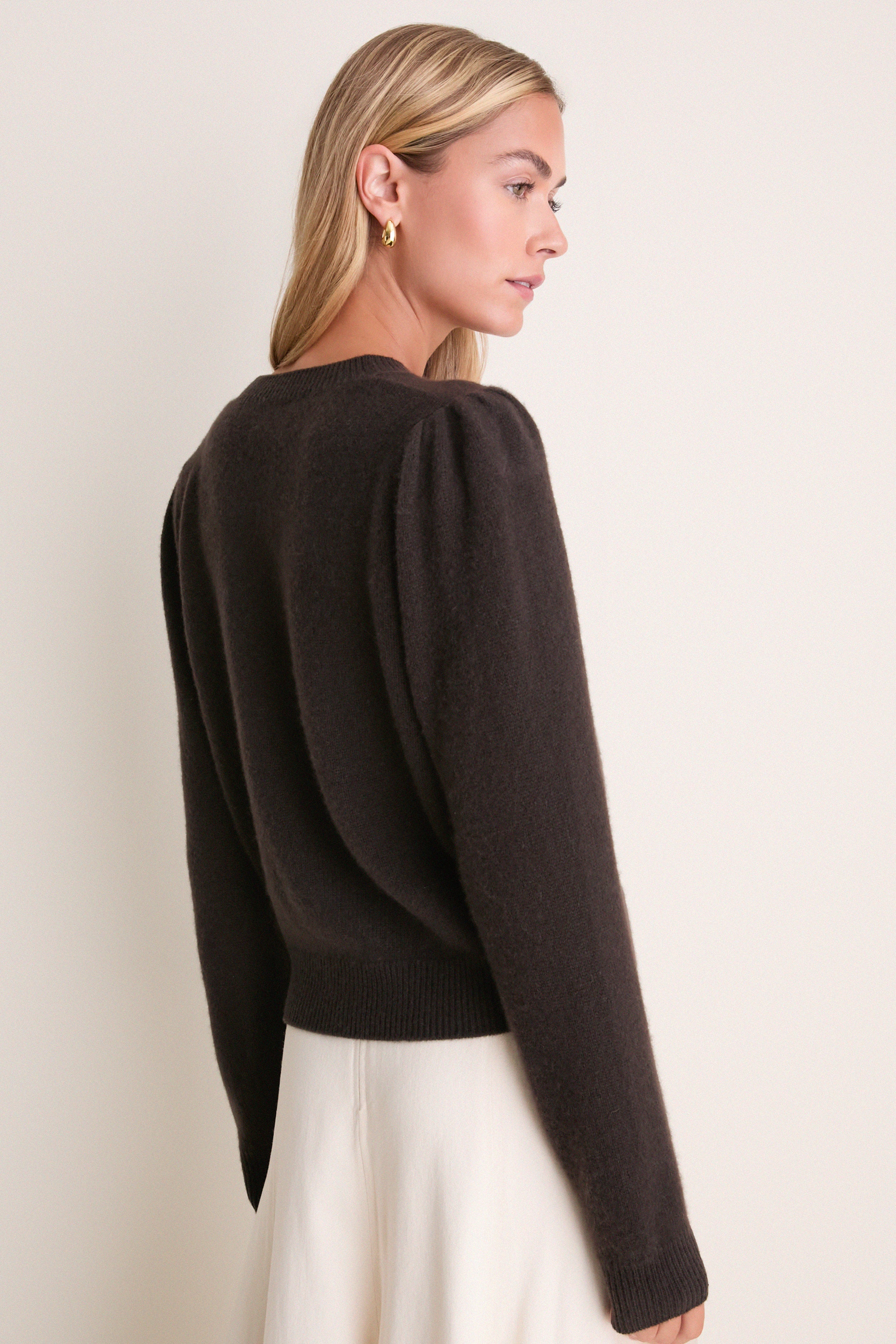 Espresso Cashmere Puff Sleeve Macy Crewneck Sweater