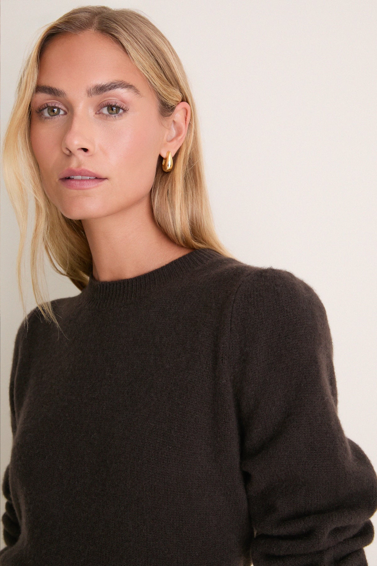 Espresso Cashmere Puff Sleeve Macy Crewneck Sweater