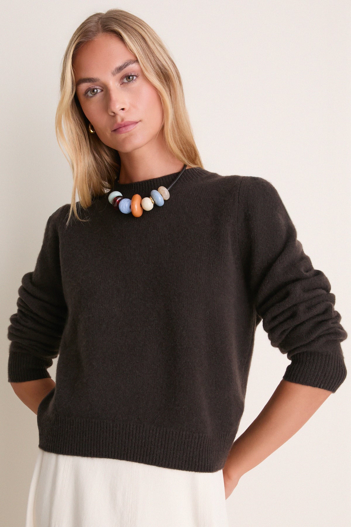 Espresso Cashmere Puff Sleeve Macy Crewneck Sweater
