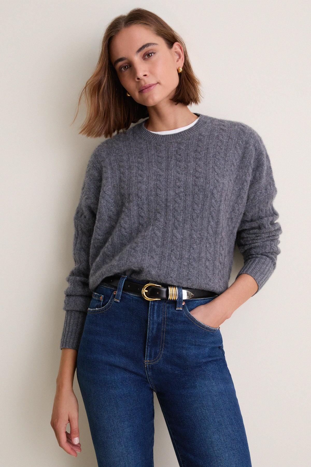 Shadow Gray Cable Knit Boyfriend Colin Crewneck