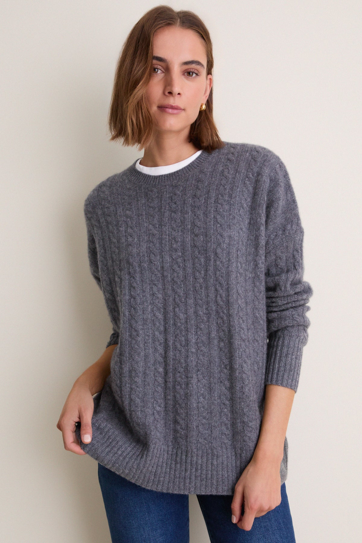 Shadow Gray Cable Knit Boyfriend Colin Crewneck