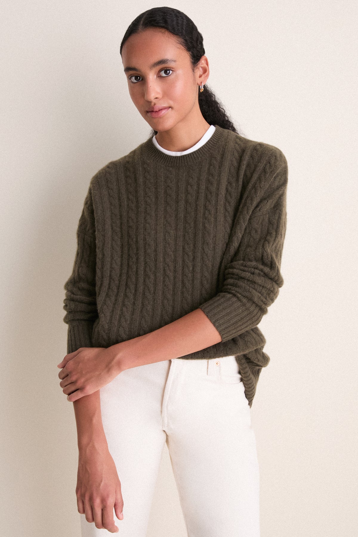 Olive Cable Knit Boyfriend Colin Crewneck