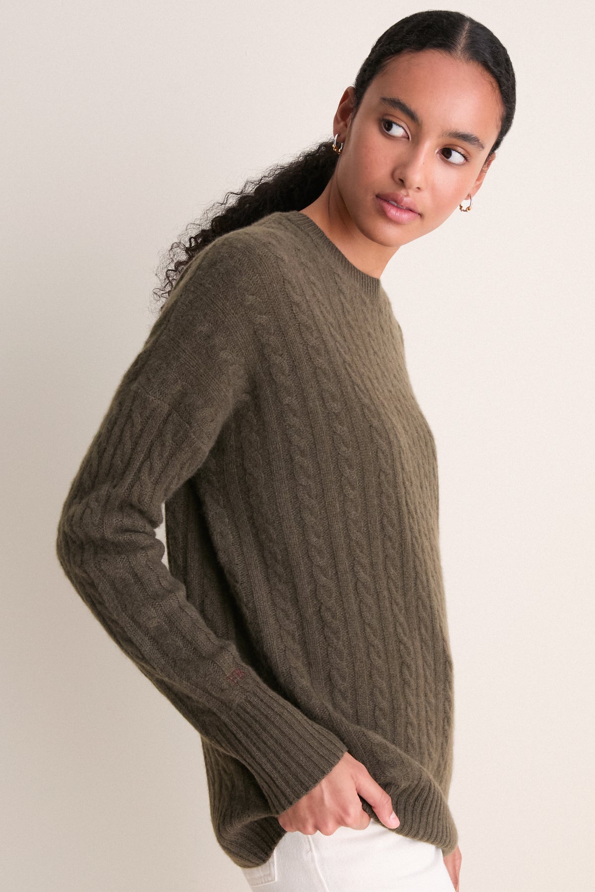 Olive Cable Knit Boyfriend Colin Crewneck