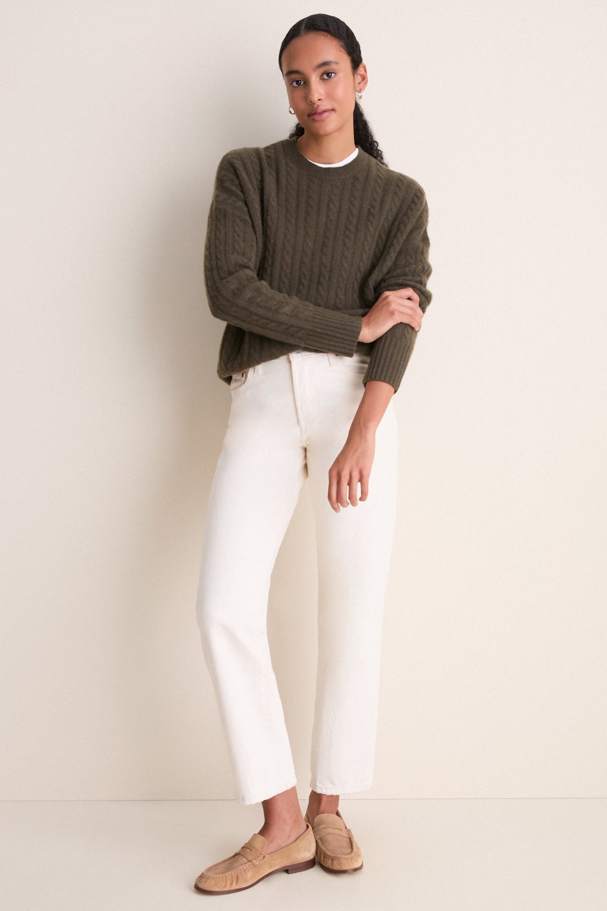 Olive Cable Knit Boyfriend Colin Crewneck