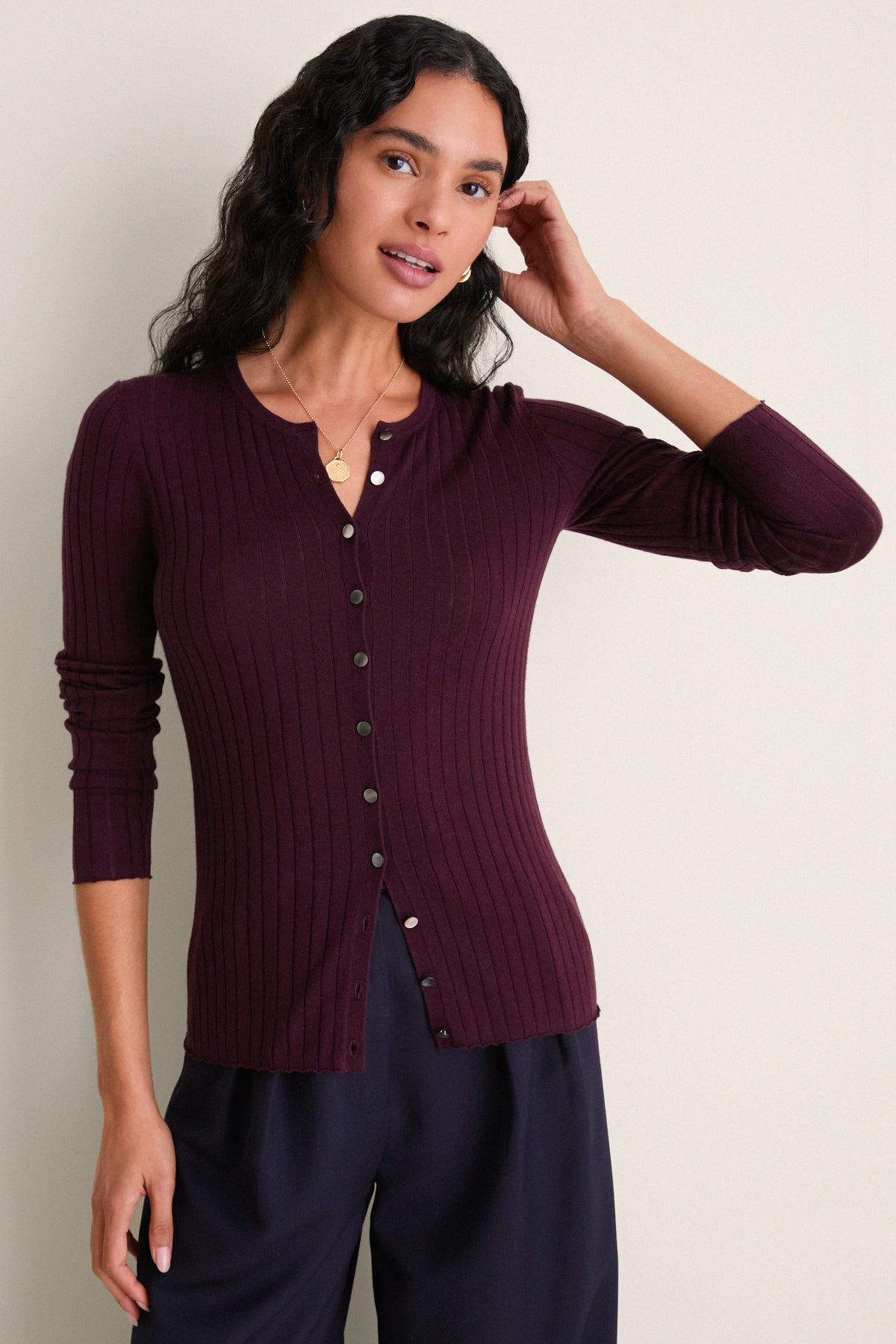 Plum Cashmere Silk Ribbed Lowell Cardigan