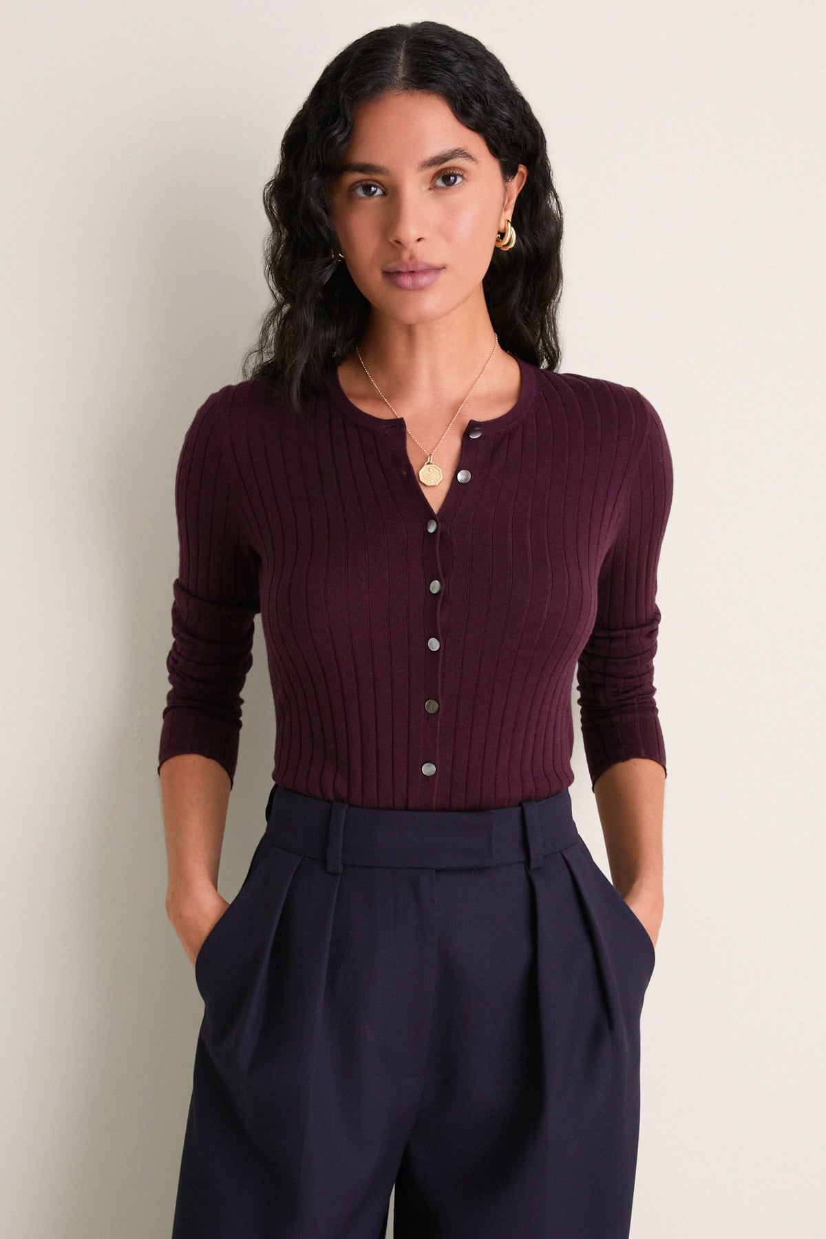 Plum Cashmere Silk Ribbed Lowell Cardigan