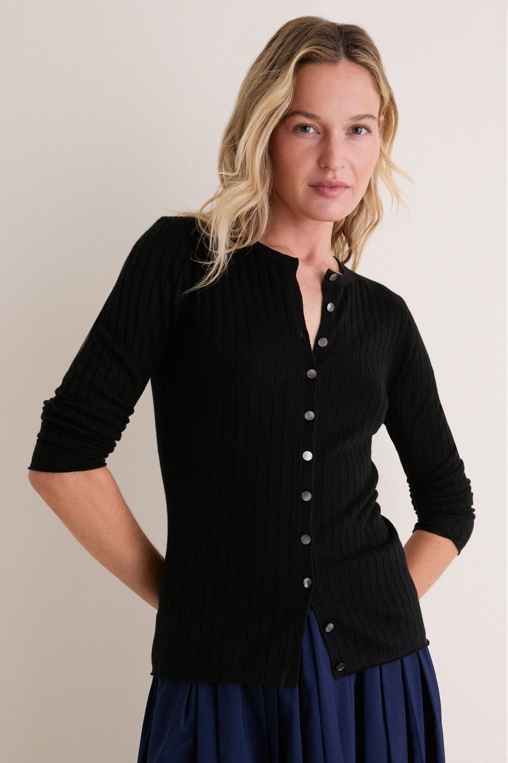 Black Cashmere Silk Ribbed Lowell Cardigan