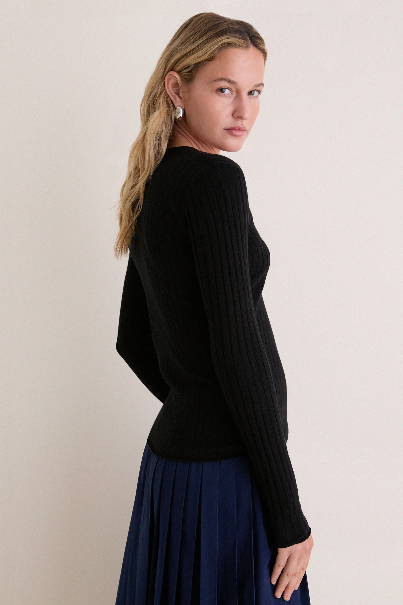 Black Cashmere Silk Ribbed Lowell Cardigan