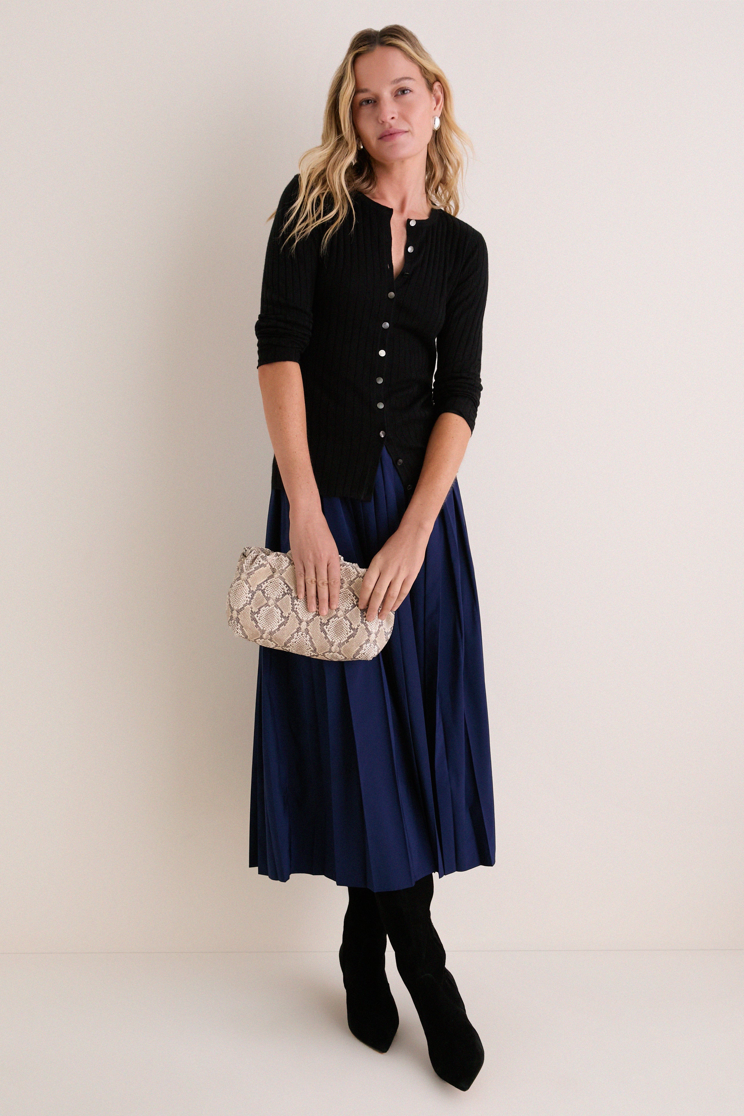 Black Cashmere Silk Ribbed Lowell Cardigan