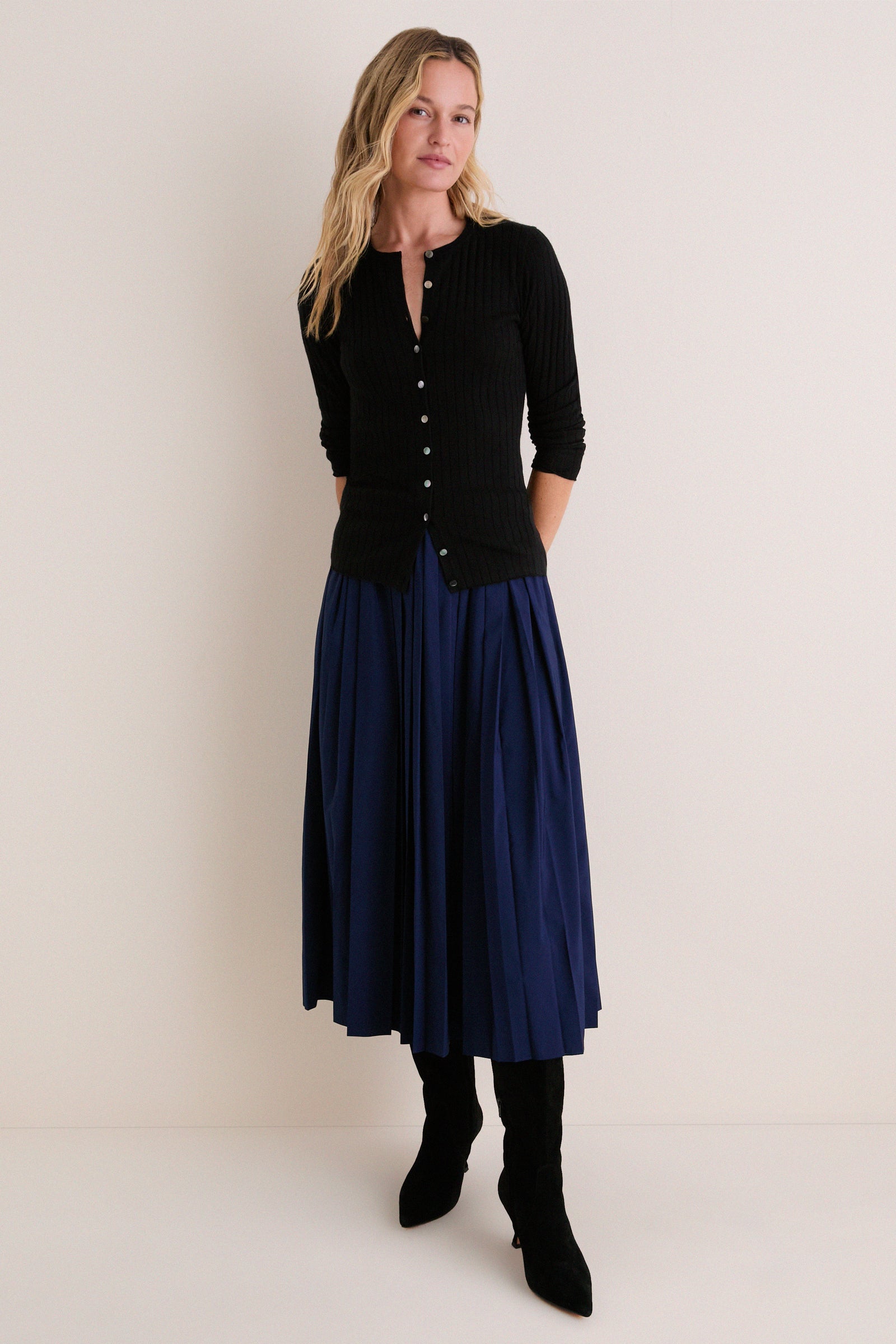 Black Cashmere Silk Ribbed Lowell Cardigan