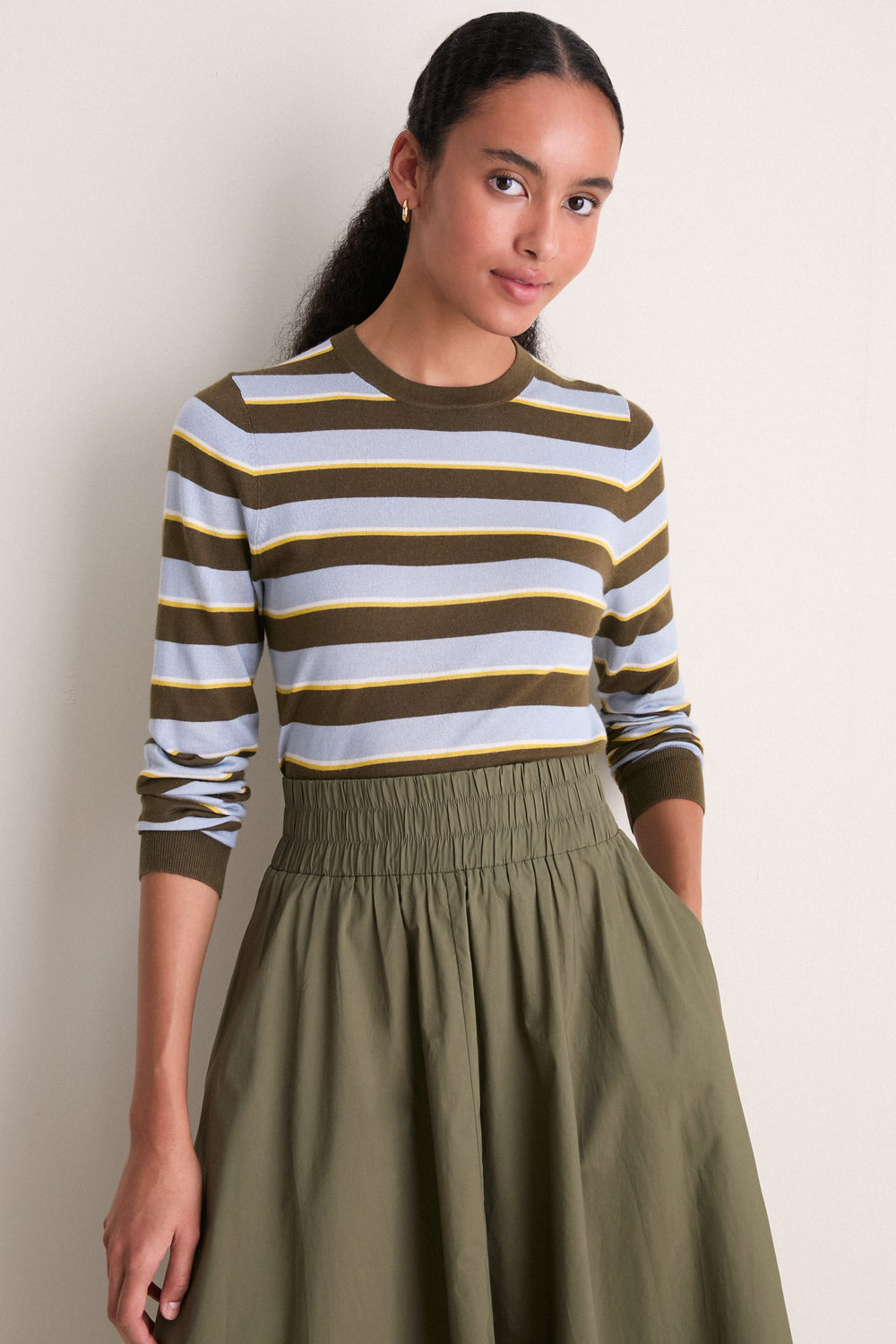 Olive Stripe Cashmere Silk Long Sleeve Katie Tee