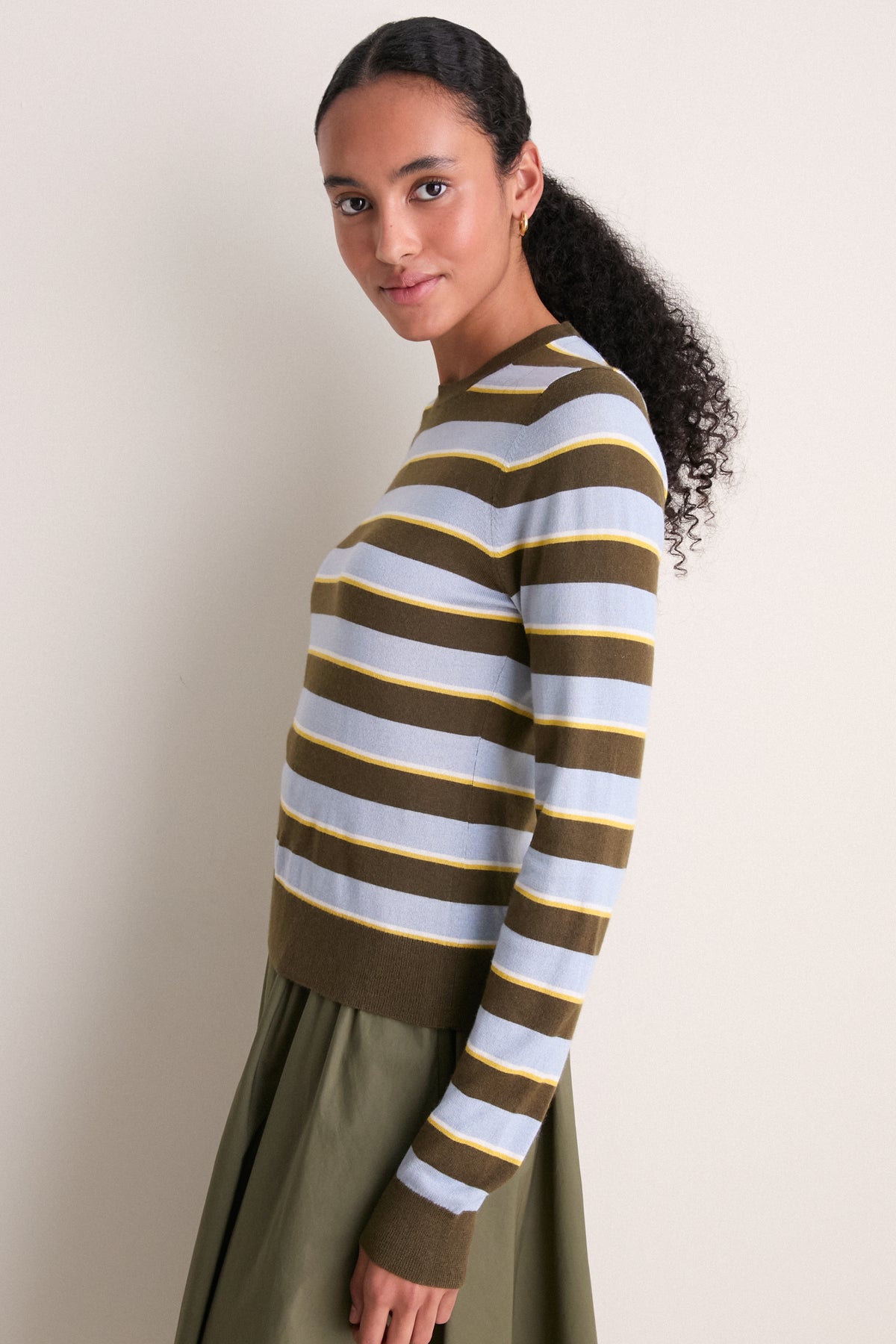 Olive Stripe Cashmere Silk Long Sleeve Katie Tee