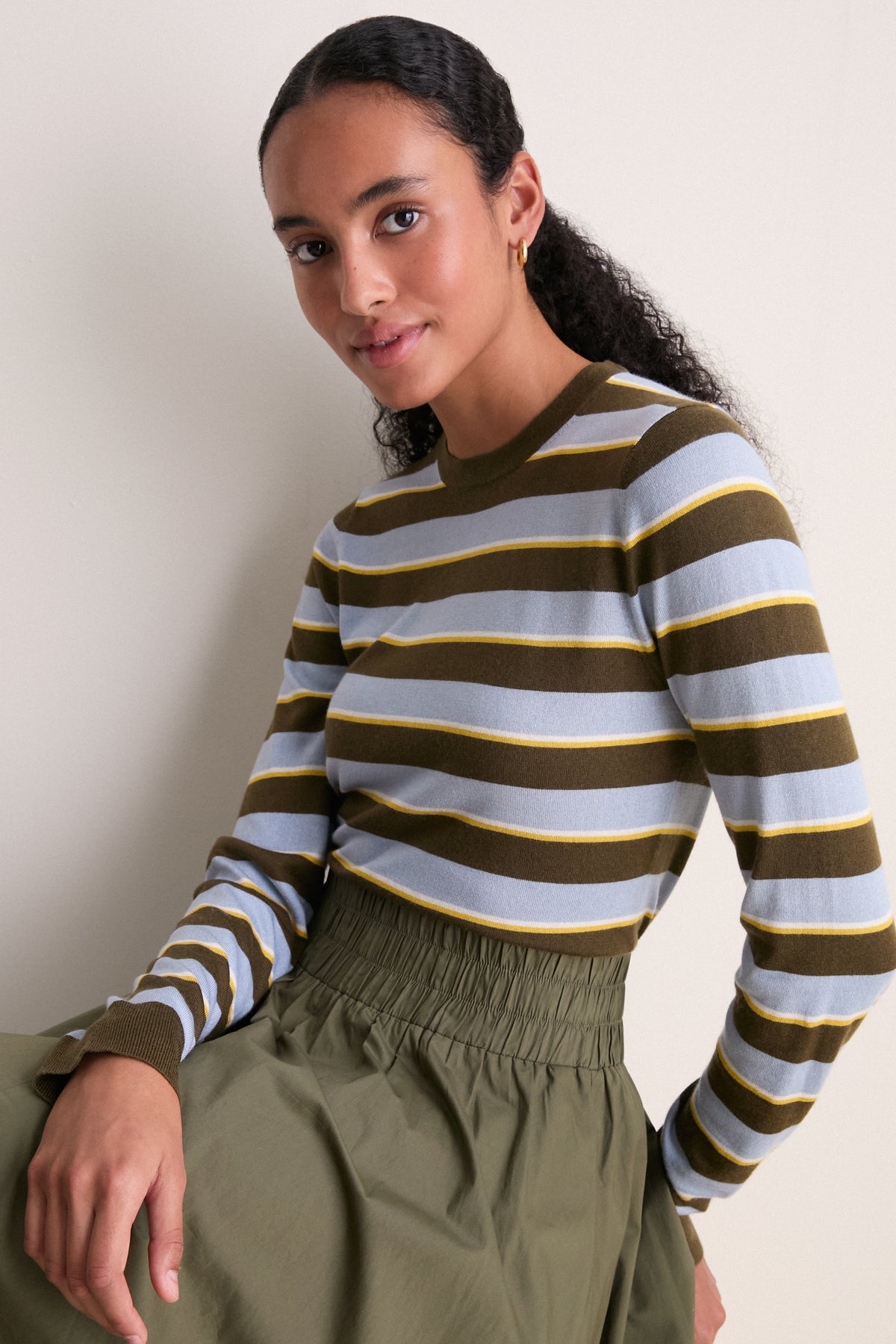 Olive Stripe Cashmere Silk Long Sleeve Katie Tee