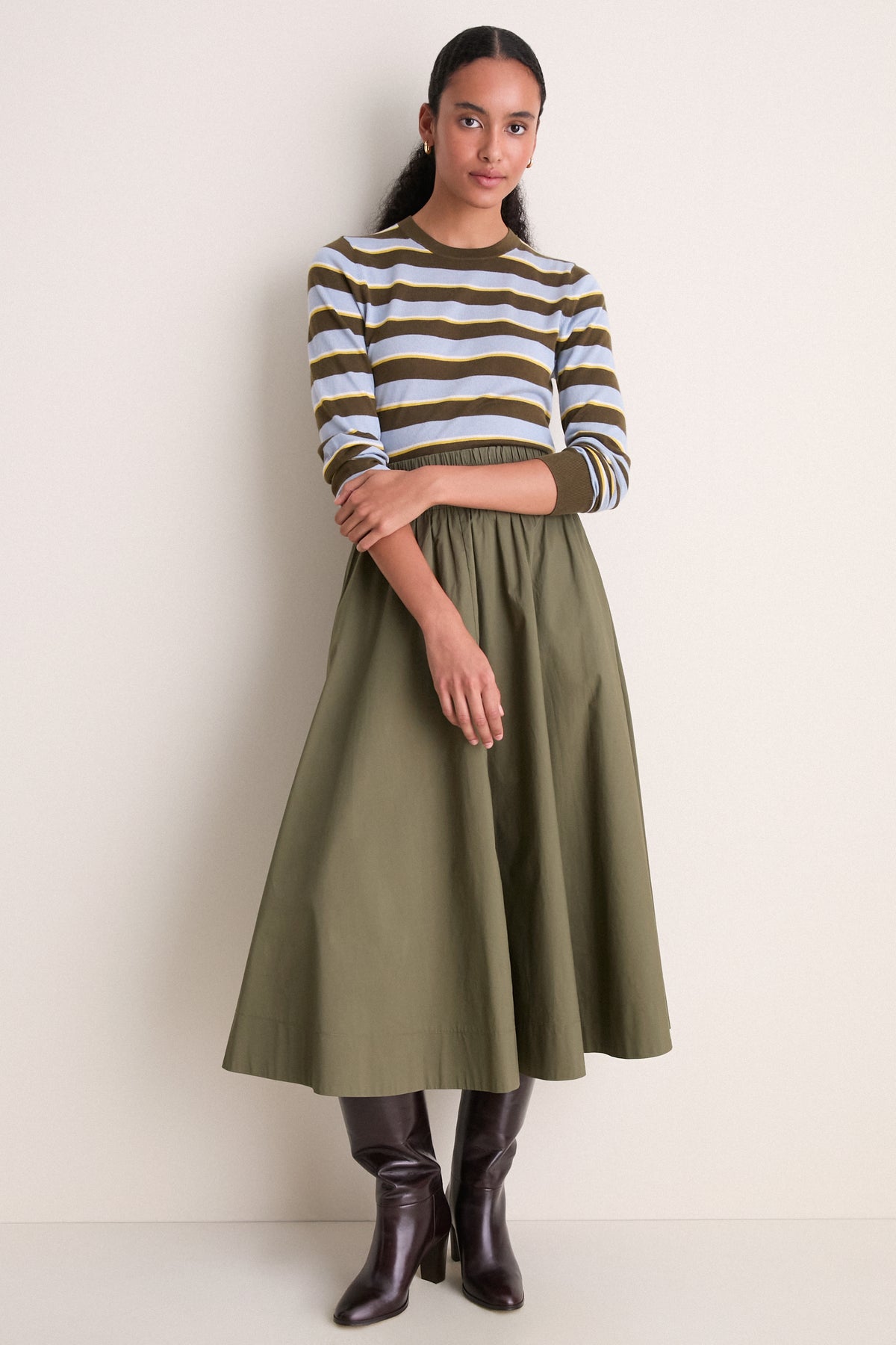 Olive Stripe Cashmere Silk Long Sleeve Katie Tee
