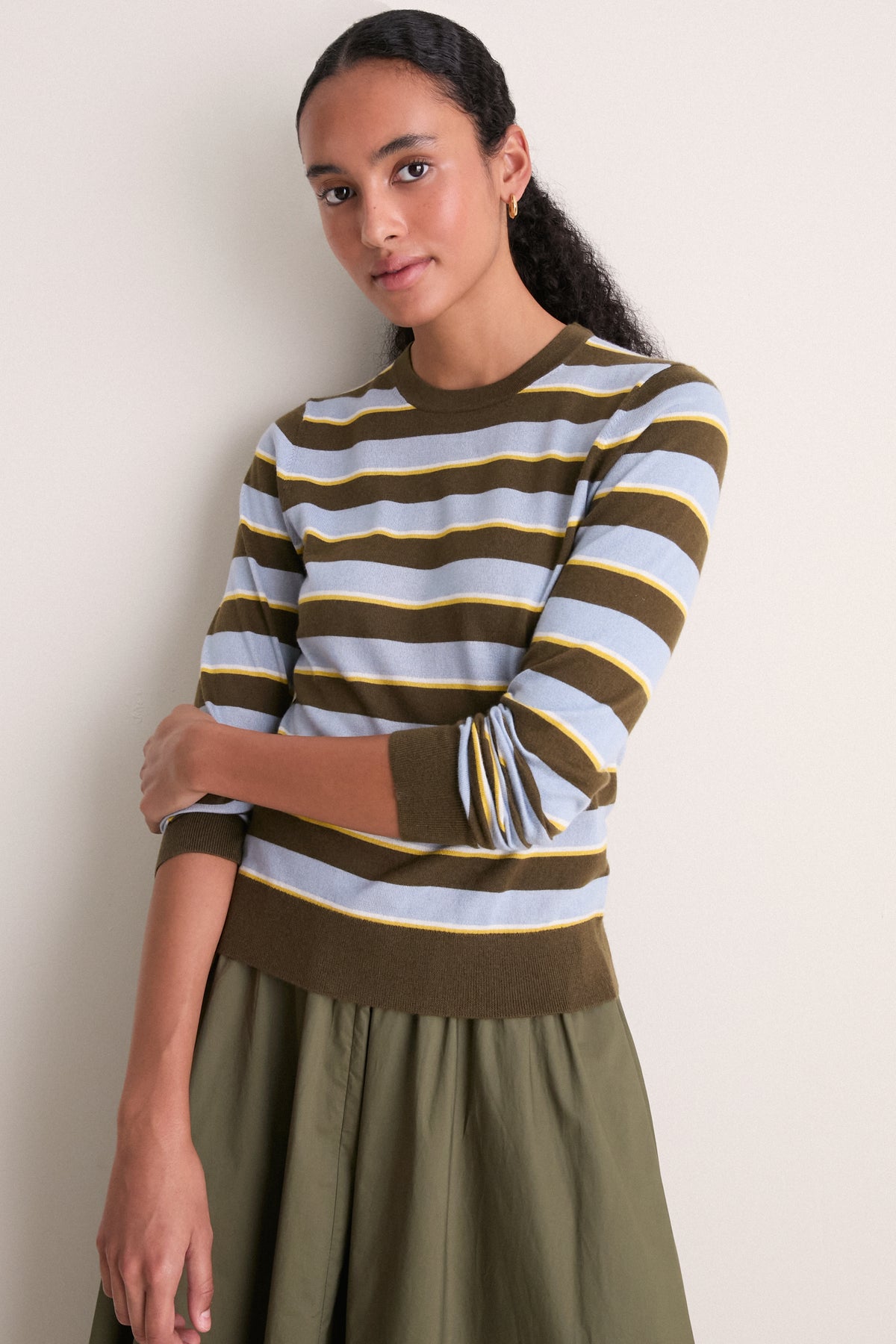 Olive Stripe Cashmere Silk Long Sleeve Katie Tee