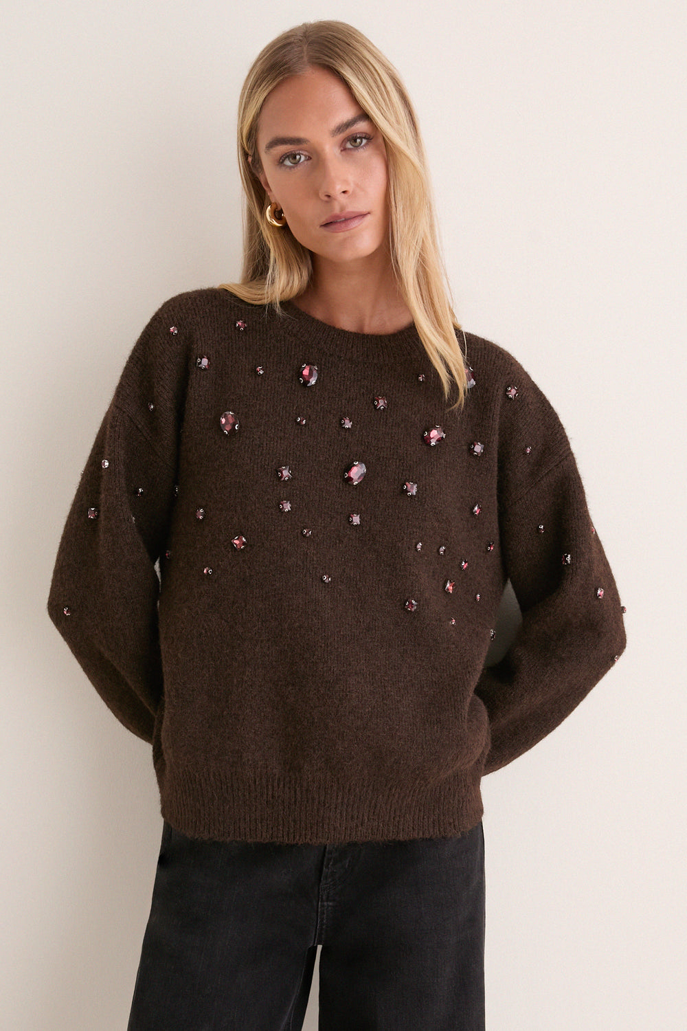 Brown Embellished Lana Crewneck