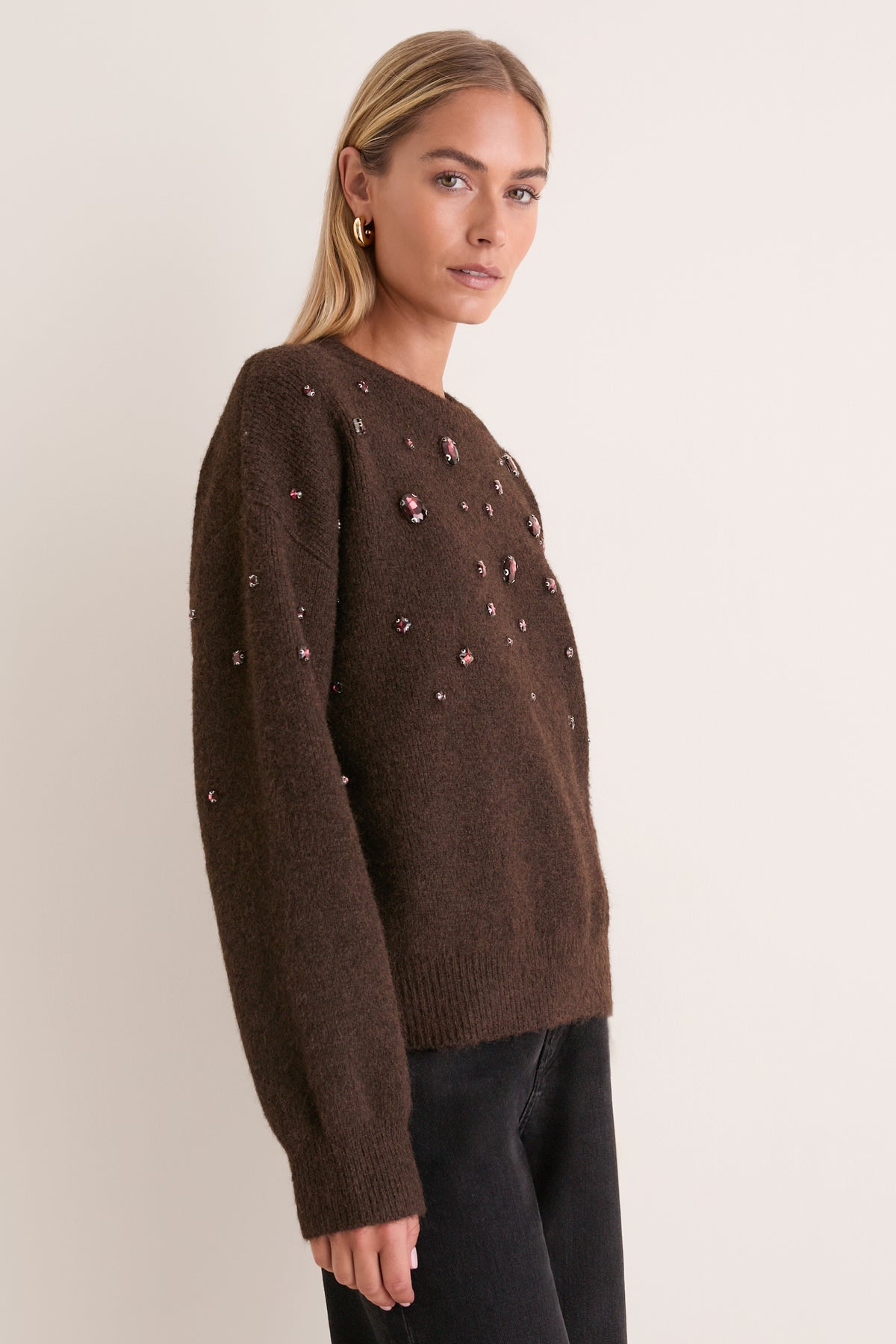 Brown Embellished Lana Crewneck