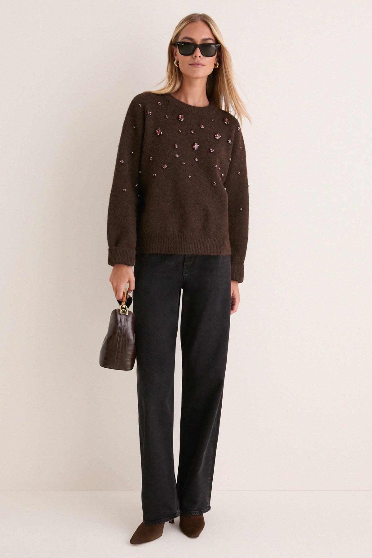 Brown Embellished Lana Crewneck