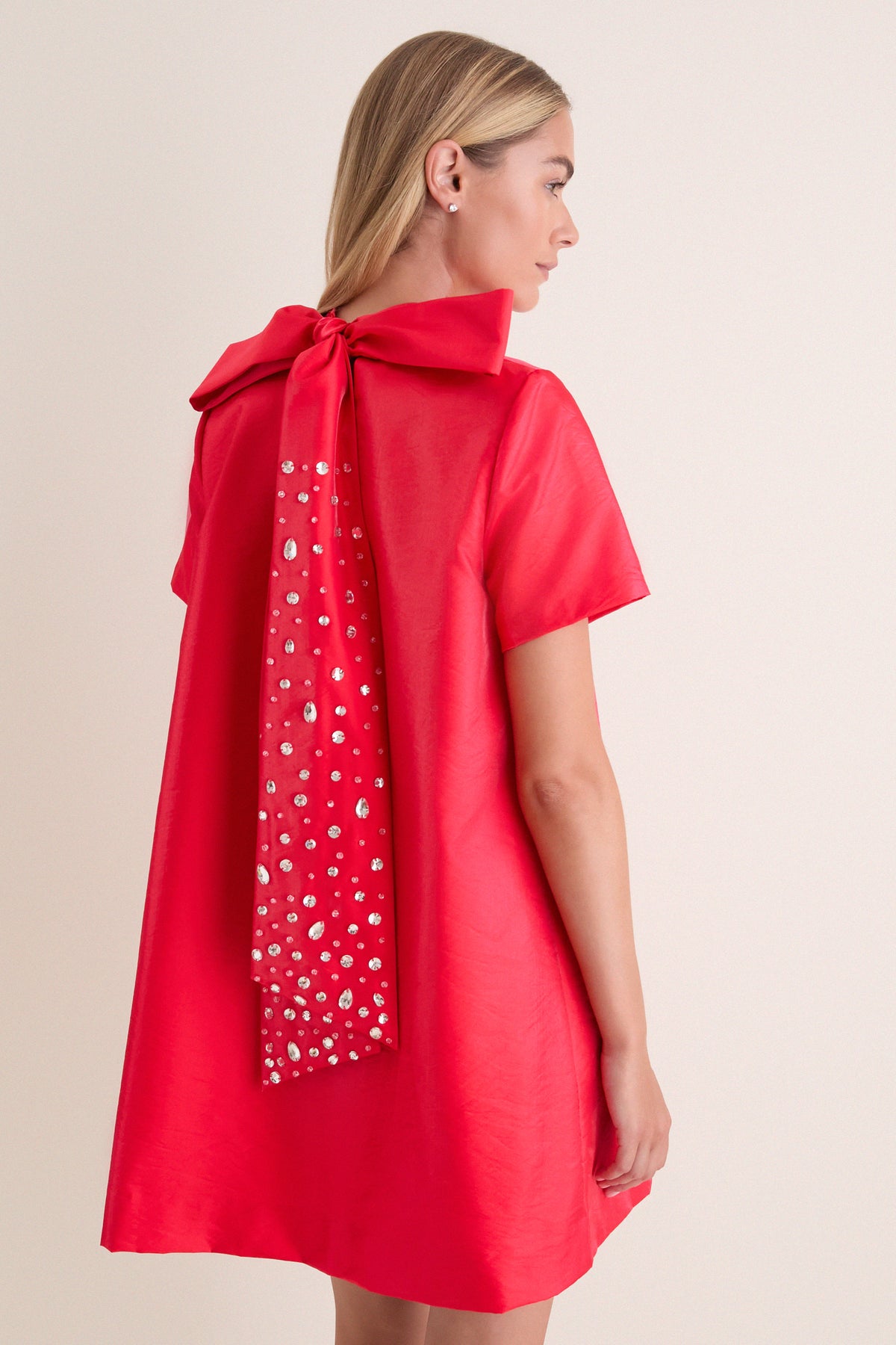 Red Taffeta Embellished Ashton Bow Dress