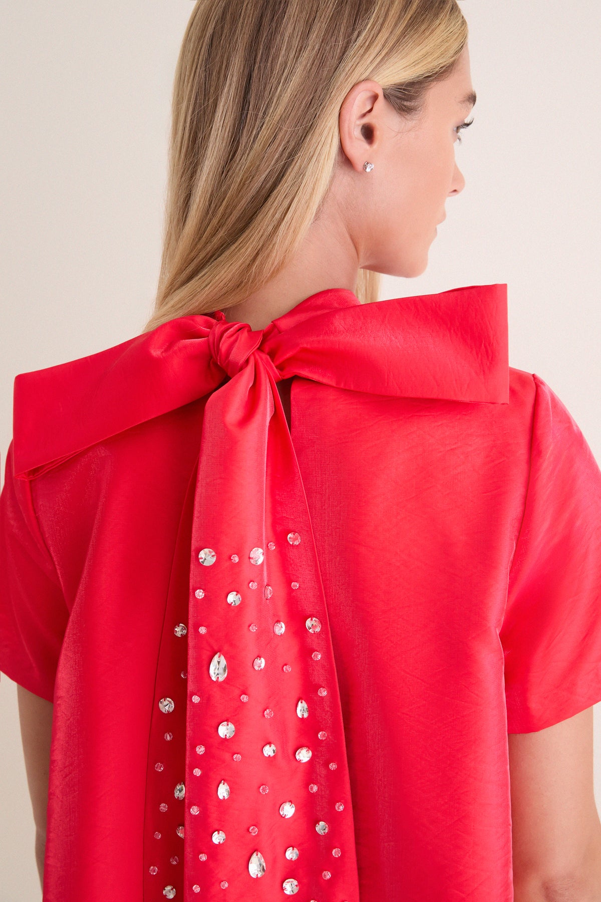 Red Taffeta Embellished Ashton Bow Dress