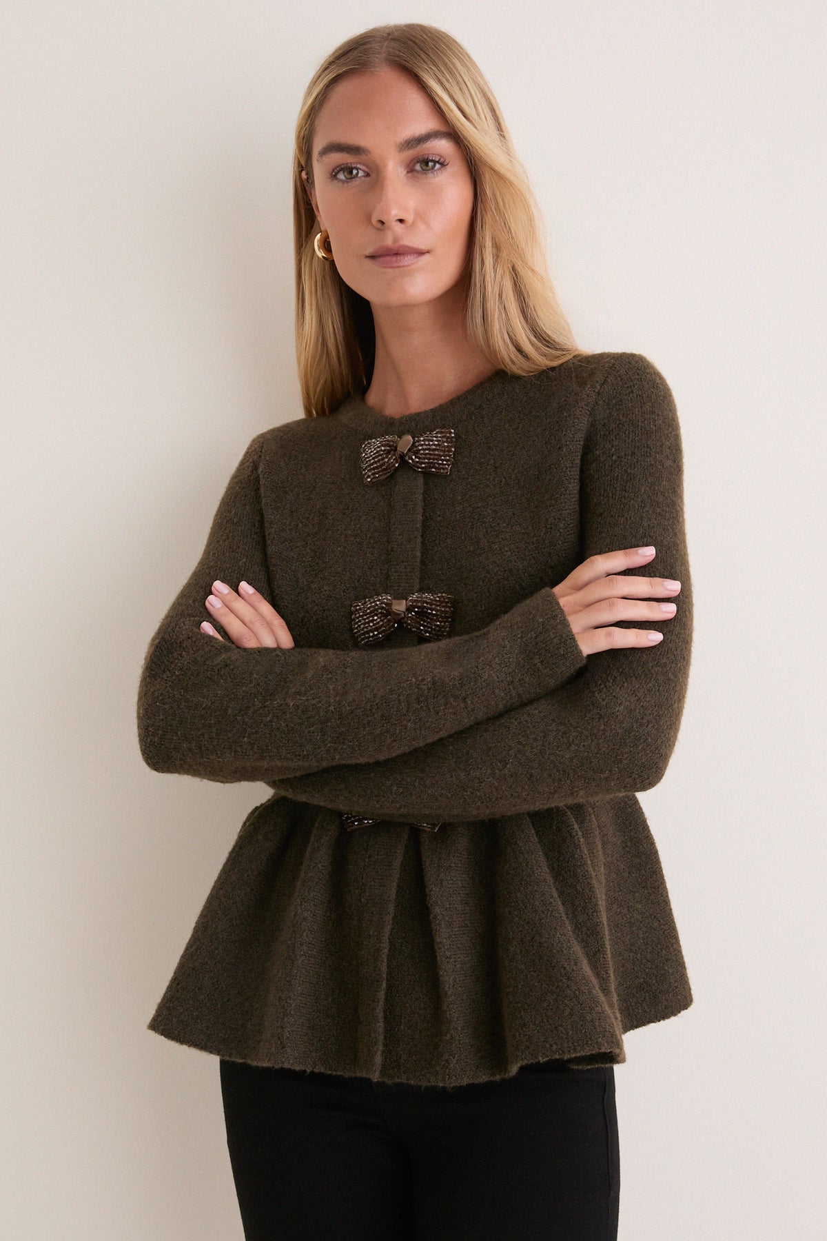 Olive Embellished Bow Scottie Cardigan