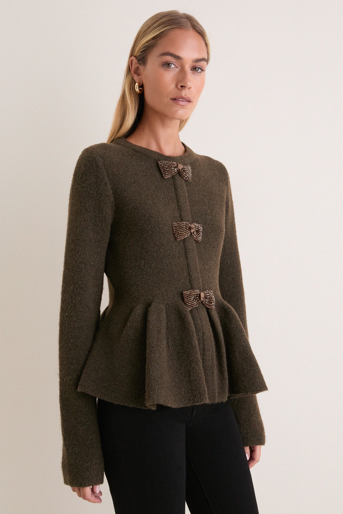 Olive Embellished Bow Scottie Cardigan