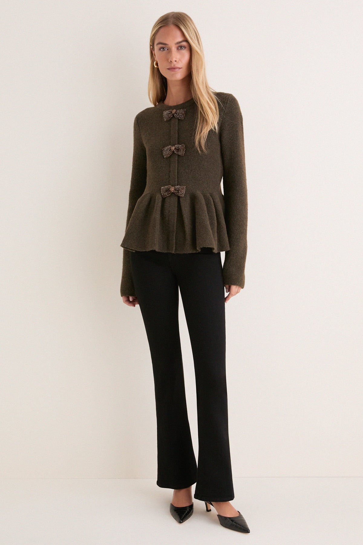 Olive Embellished Bow Scottie Cardigan